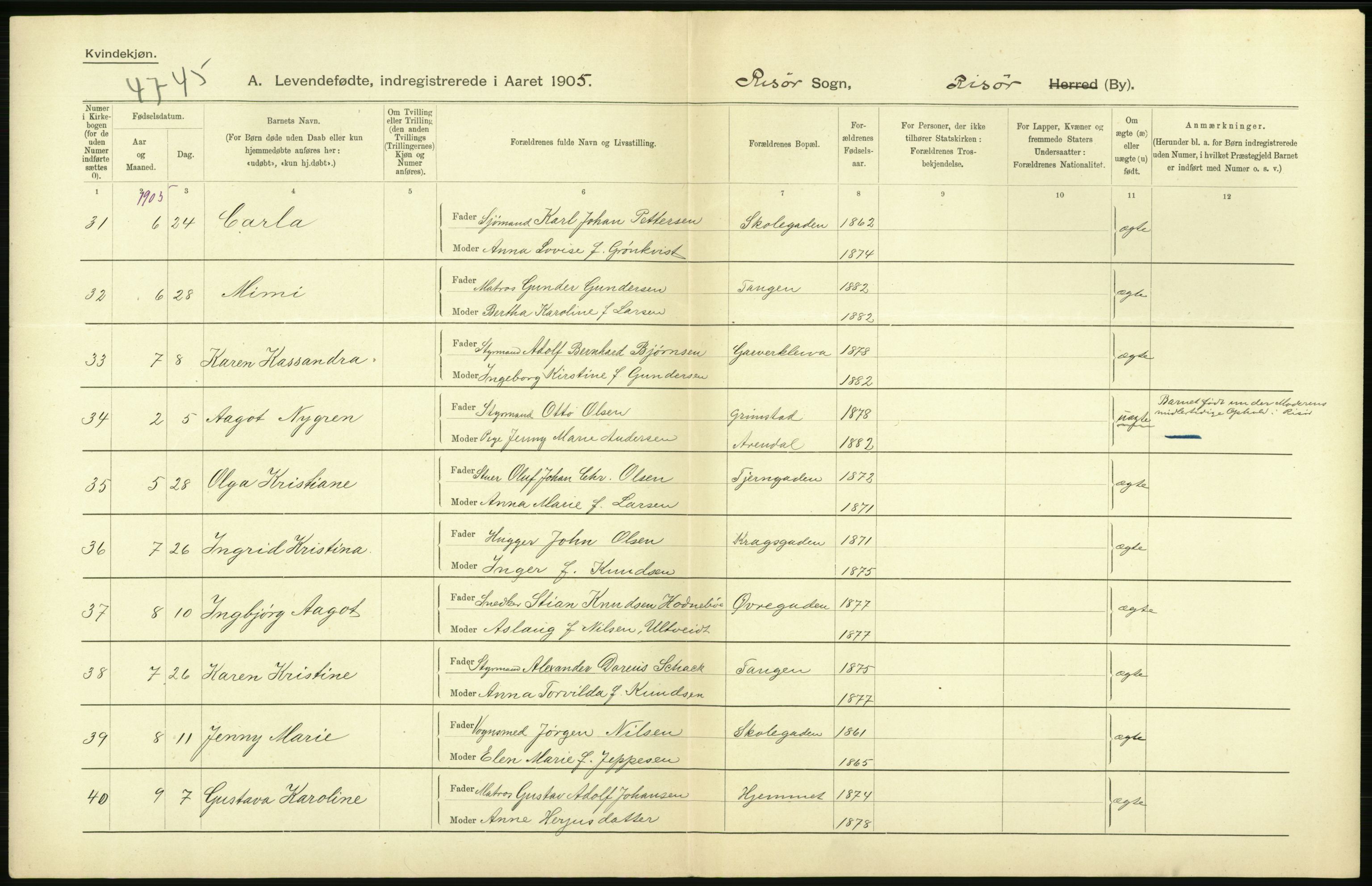 Statistisk sentralbyrå, Sosiodemografiske emner, Befolkning, RA/S-2228/D/Df/Dfa/Dfac/L0043: Bratsberg - Lister og Mandals amt: Levendefødte menn og kvinner, gifte, døde, dødfødte. Byer., 1905, p. 342