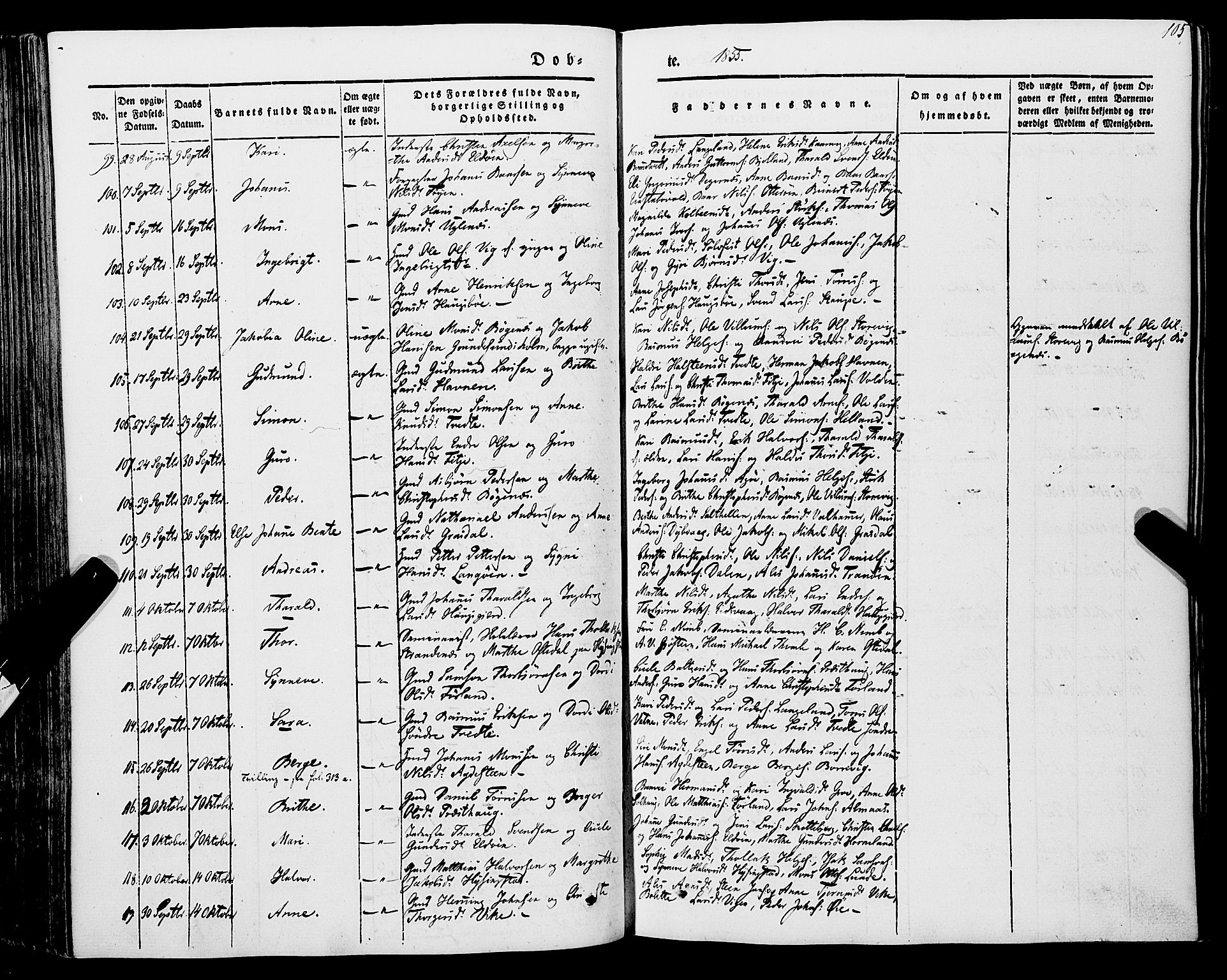 Stord sokneprestembete, SAB/A-78201/H/Haa: Parish register (official) no. A 7, 1841-1861, p. 105
