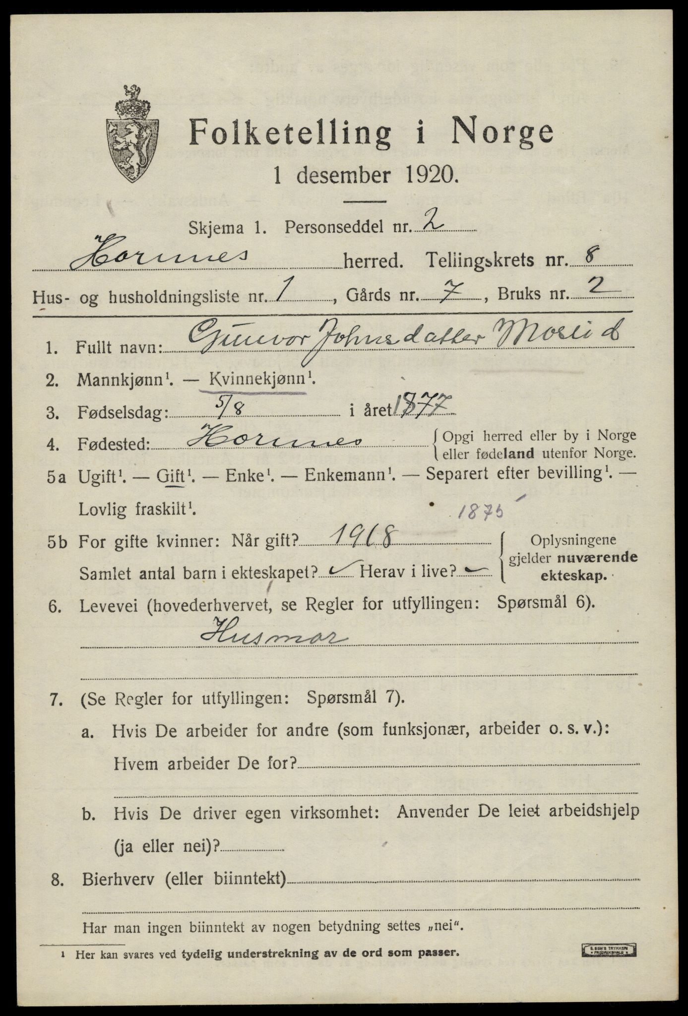 SAK, 1920 census for Hornnes, 1920, p. 1775