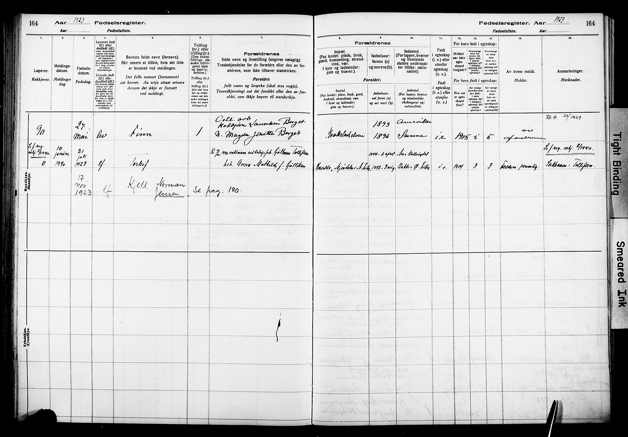 Nedre Eiker kirkebøker, AV/SAKO-A-612/J/Ja/L0001: Birth register no. 1, 1916-1925, p. 164