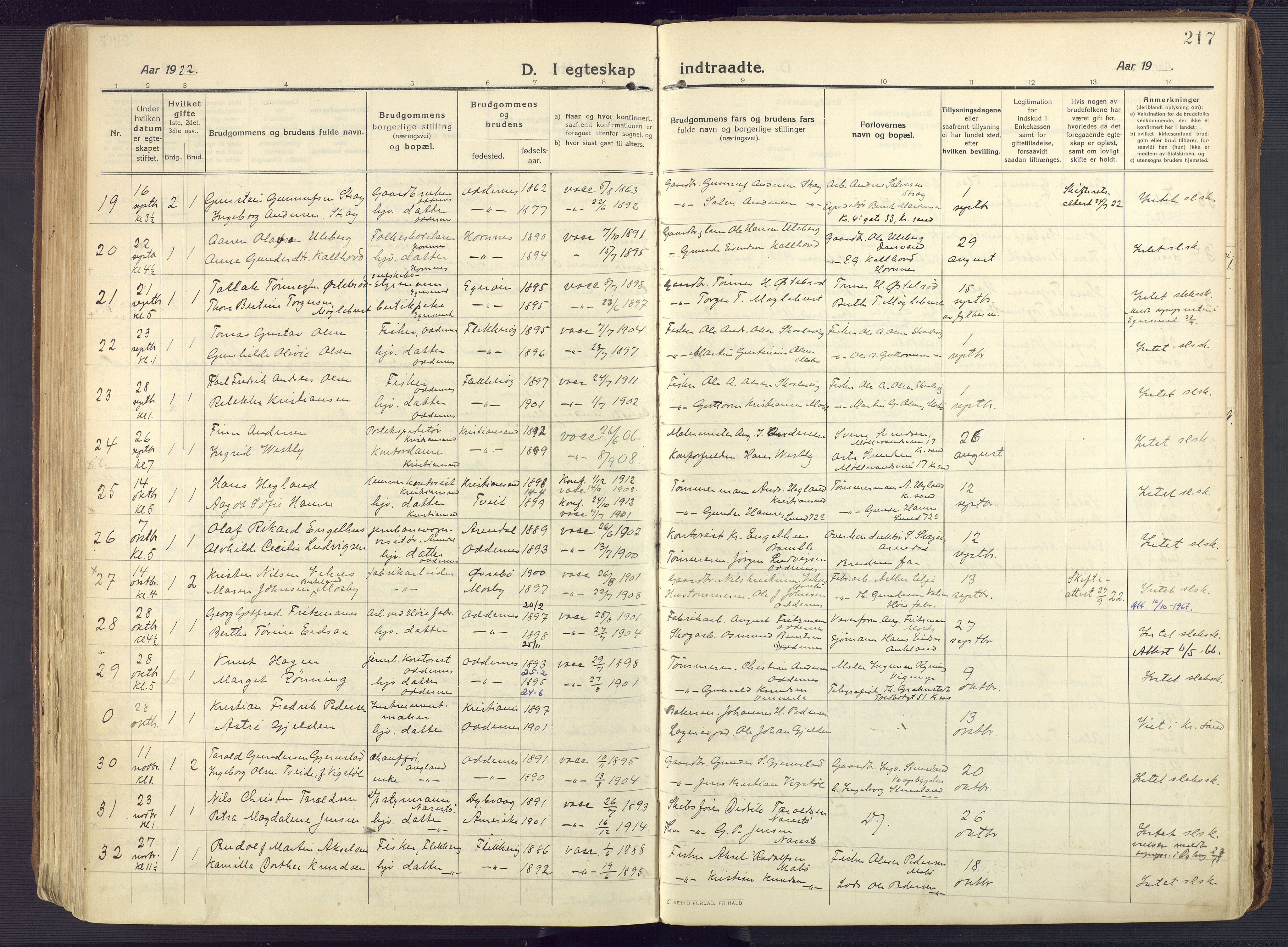 Oddernes sokneprestkontor, AV/SAK-1111-0033/F/Fa/Faa/L0012: Parish register (official) no. A 12, 1912-1925, p. 217