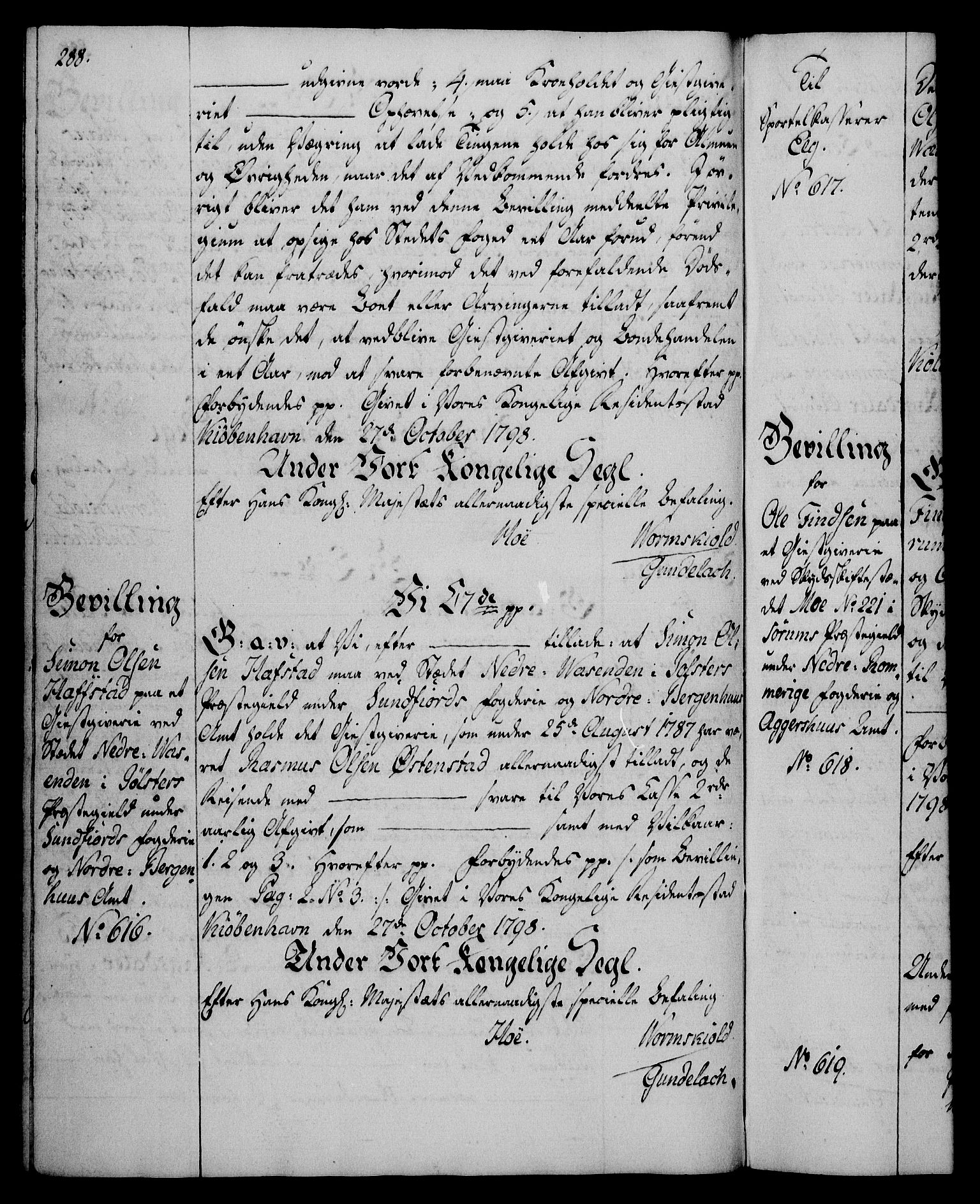 Rentekammeret, Kammerkanselliet, AV/RA-EA-3111/G/Gg/Gga/L0016: Norsk ekspedisjonsprotokoll med register (merket RK 53.16), 1794-1800, p. 288