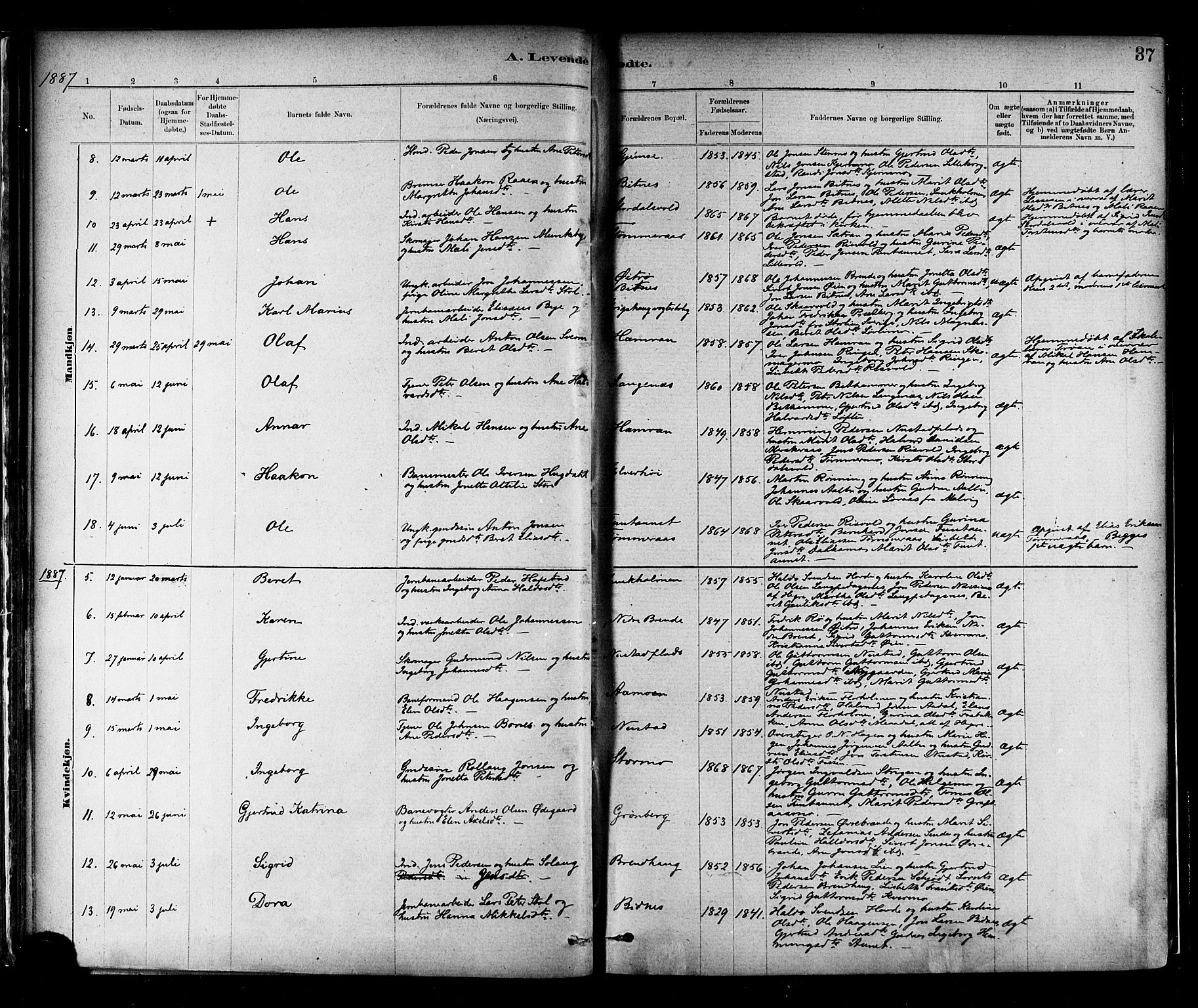 Ministerialprotokoller, klokkerbøker og fødselsregistre - Nord-Trøndelag, SAT/A-1458/706/L0047: Parish register (official) no. 706A03, 1878-1892, p. 37