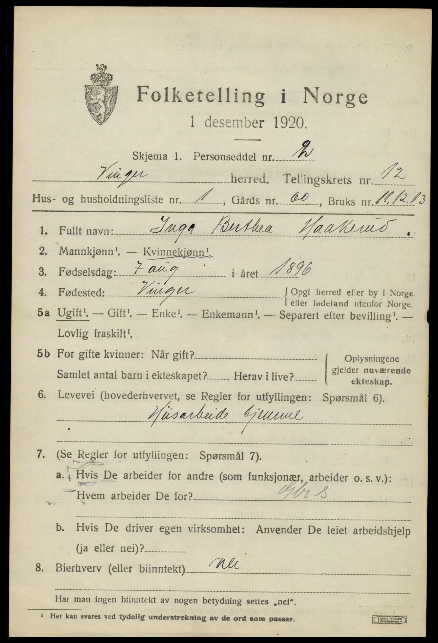 SAH, 1920 census for Vinger, 1920, p. 10208