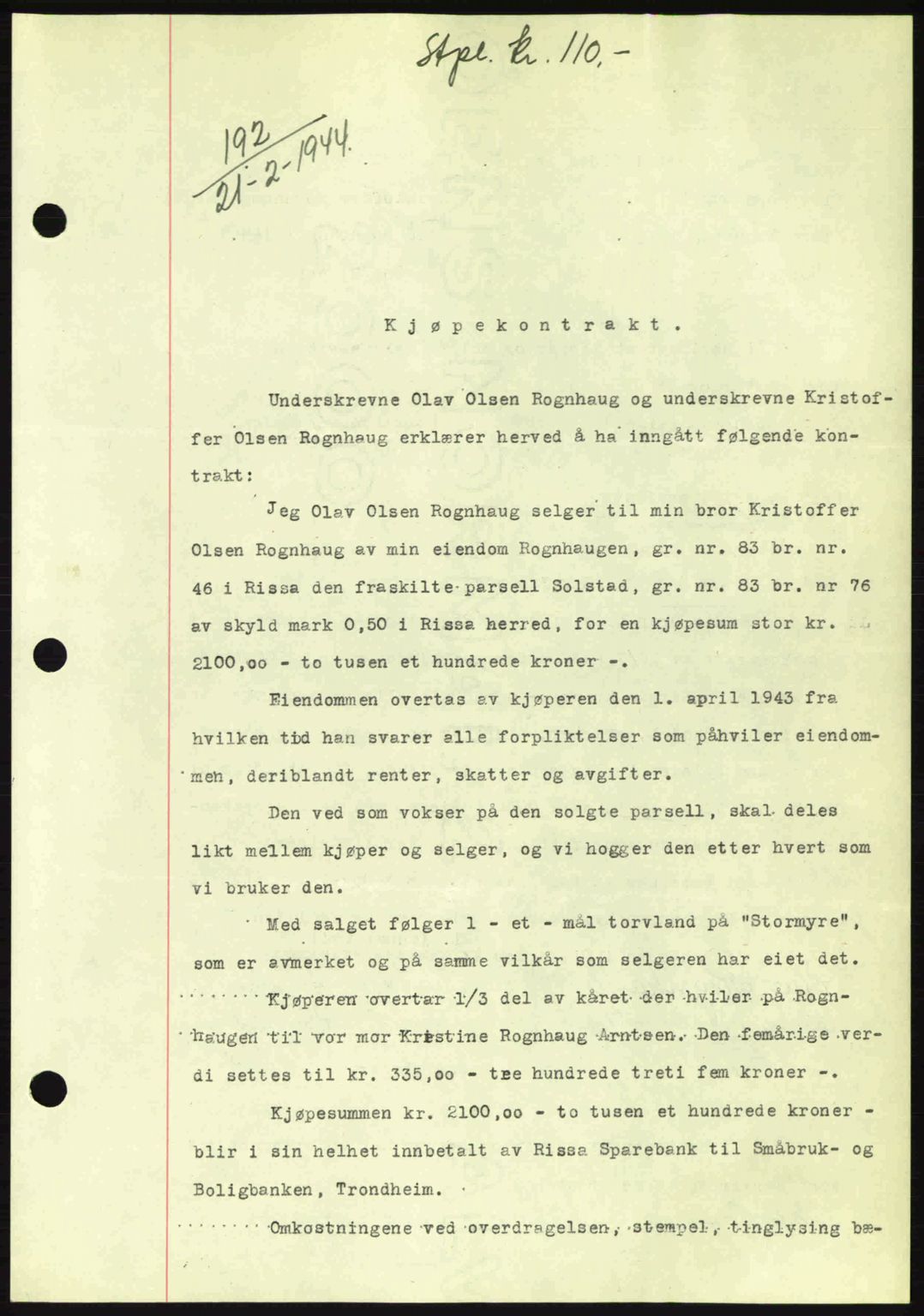 Fosen sorenskriveri, AV/SAT-A-1107/1/2/2C: Mortgage book no. A3, 1943-1945, Diary no: : 192/1944