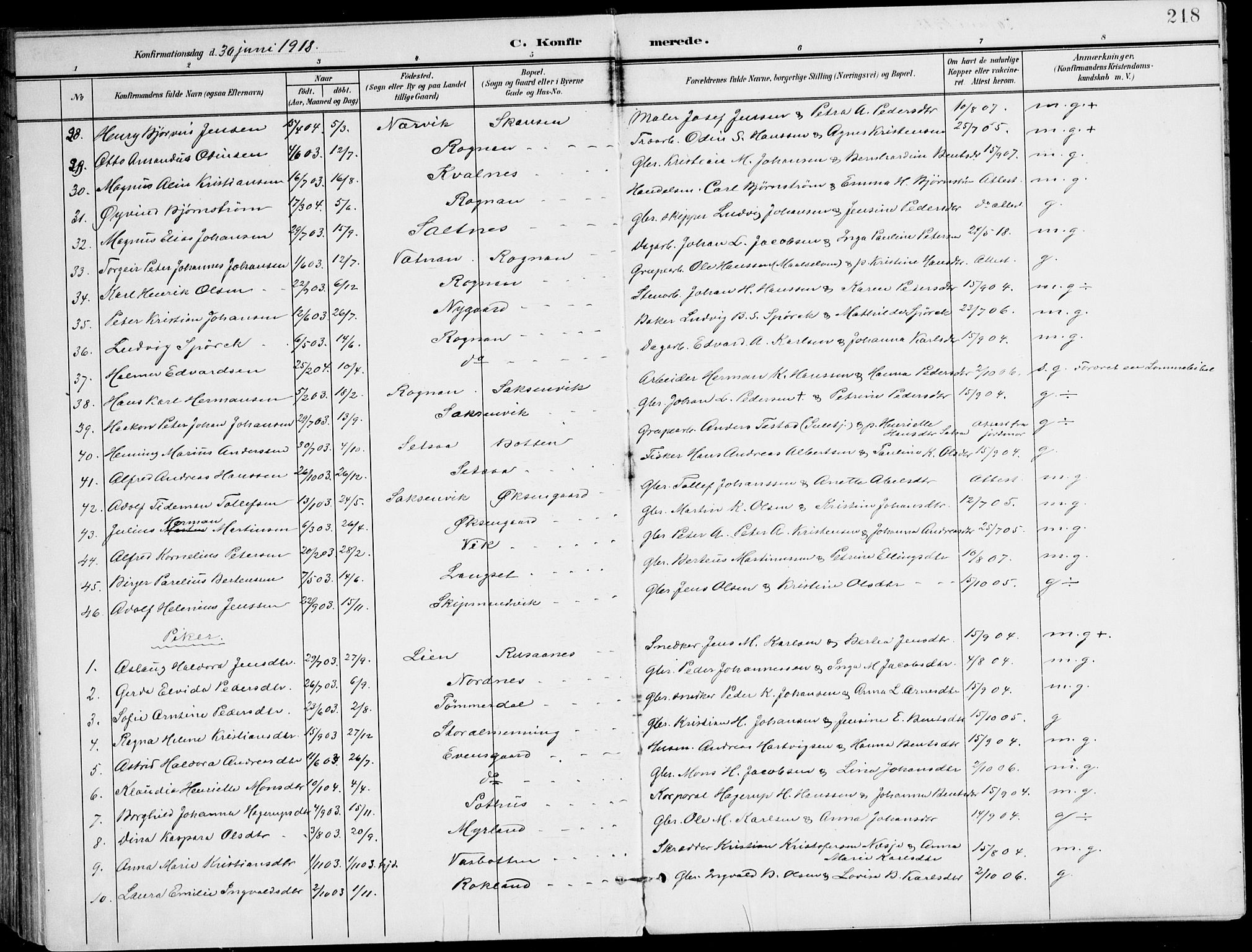 Ministerialprotokoller, klokkerbøker og fødselsregistre - Nordland, SAT/A-1459/847/L0672: Parish register (official) no. 847A12, 1902-1919, p. 218