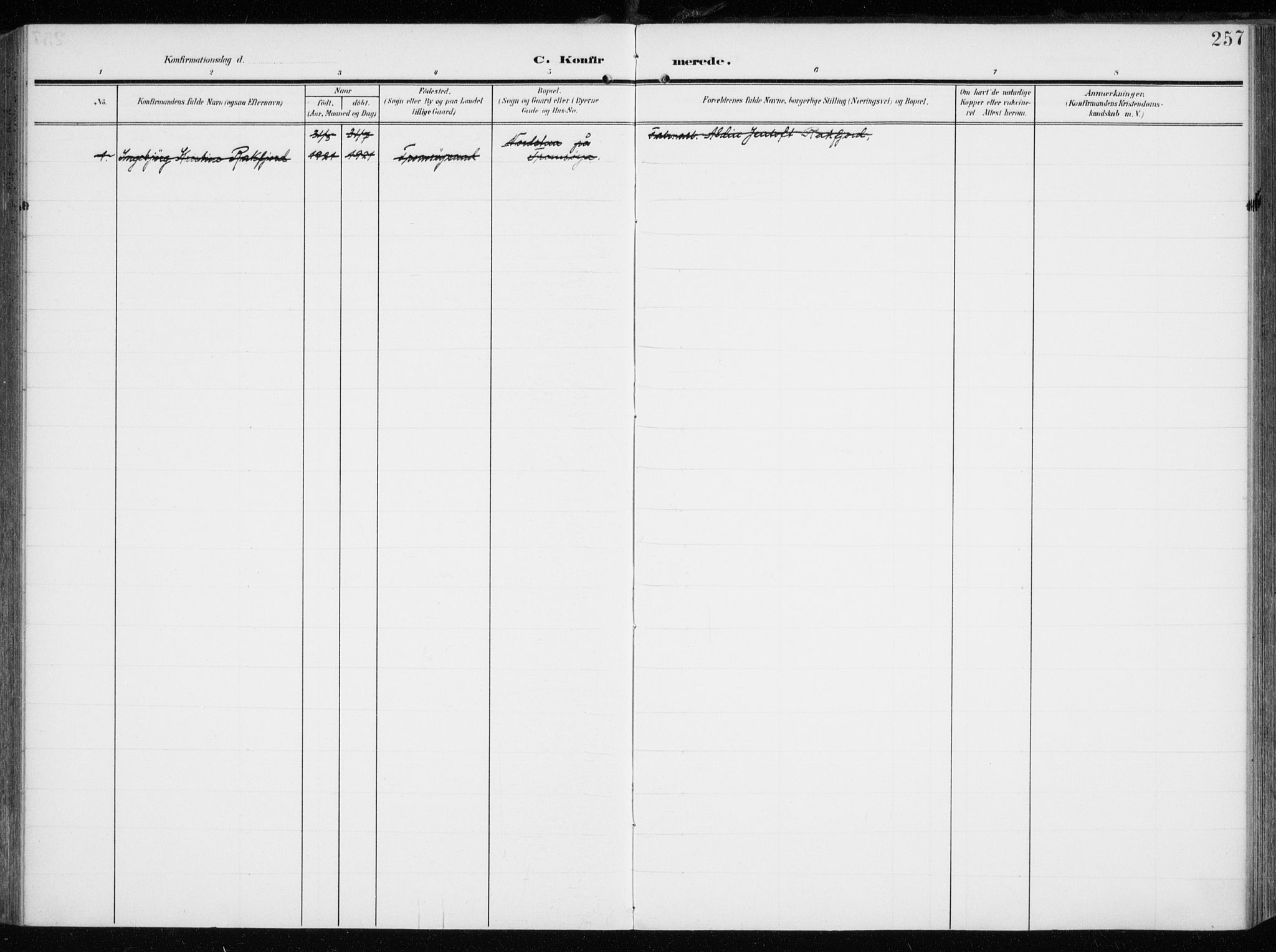 Tromsøysund sokneprestkontor, AV/SATØ-S-1304/G/Ga/L0007kirke: Parish register (official) no. 7, 1907-1914, p. 257