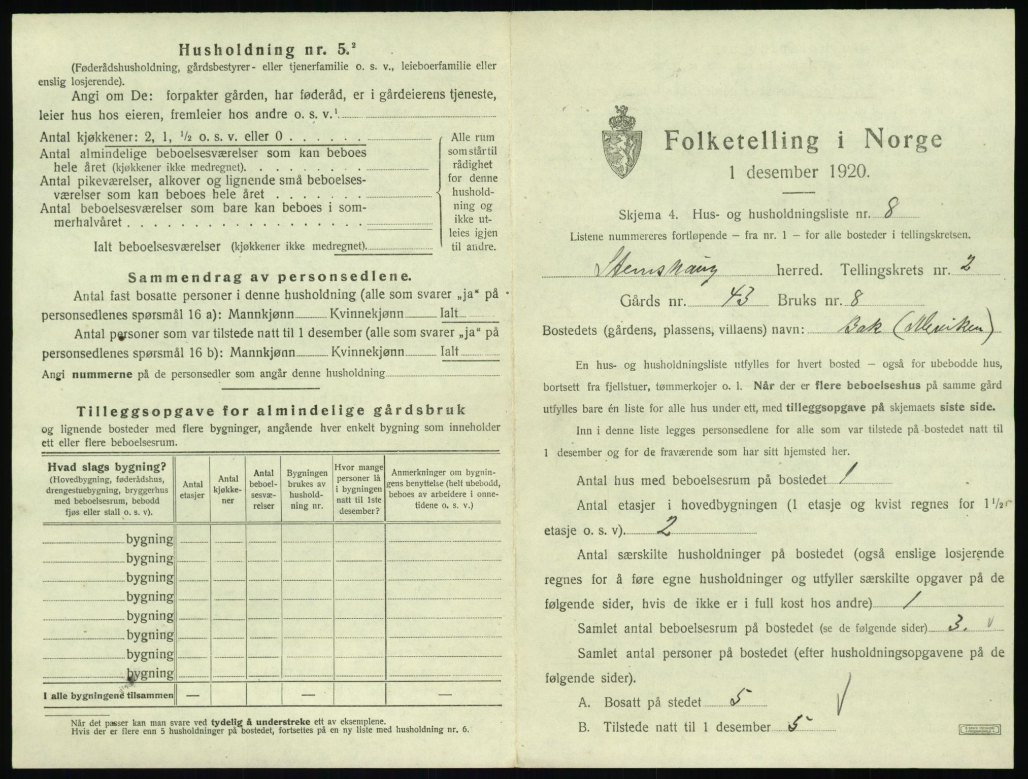 SAT, 1920 census for Stemshaug, 1920, p. 96