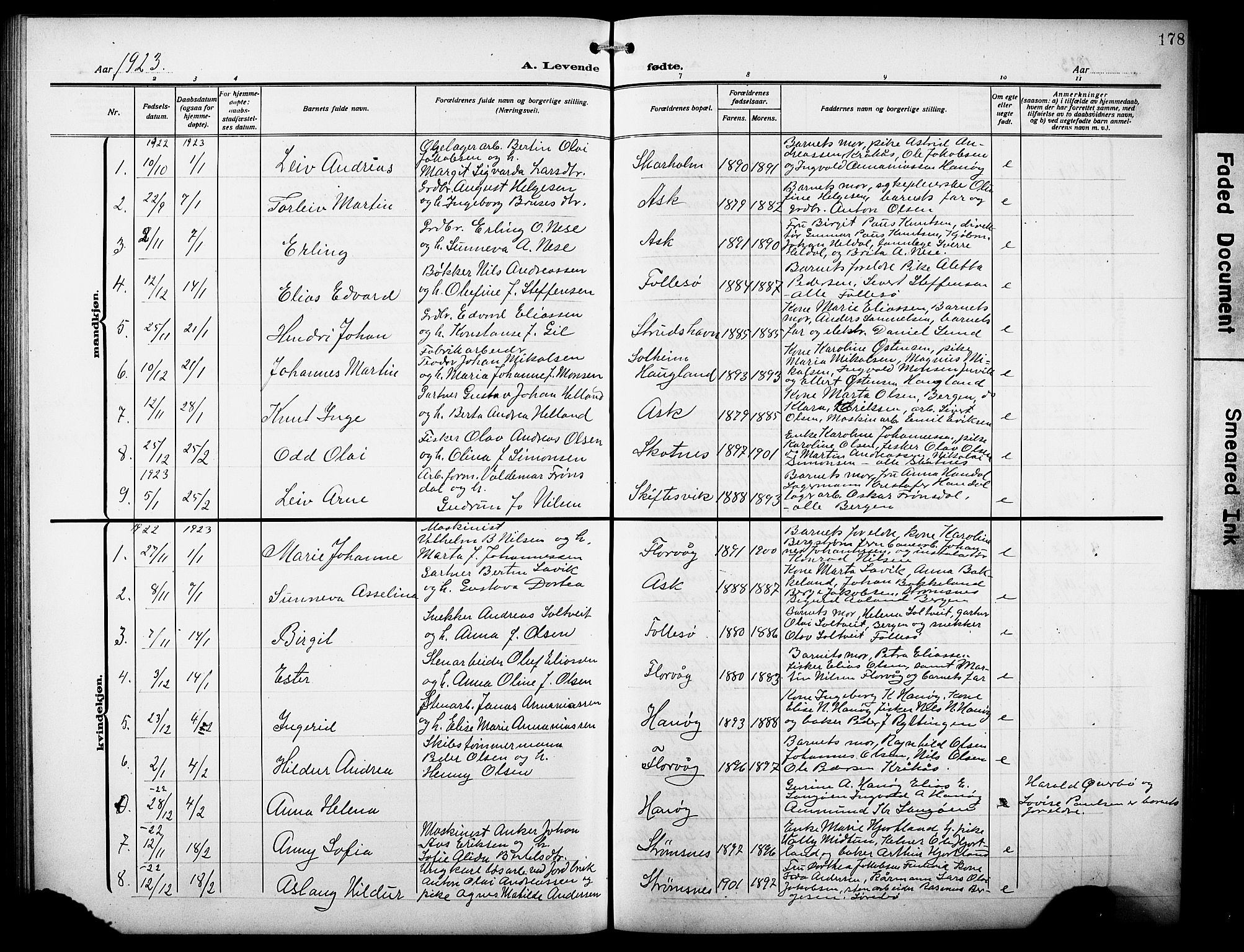 Askøy Sokneprestembete, AV/SAB-A-74101/H/Ha/Hab/Haba/L0011: Parish register (copy) no. A 11, 1908-1931, p. 178