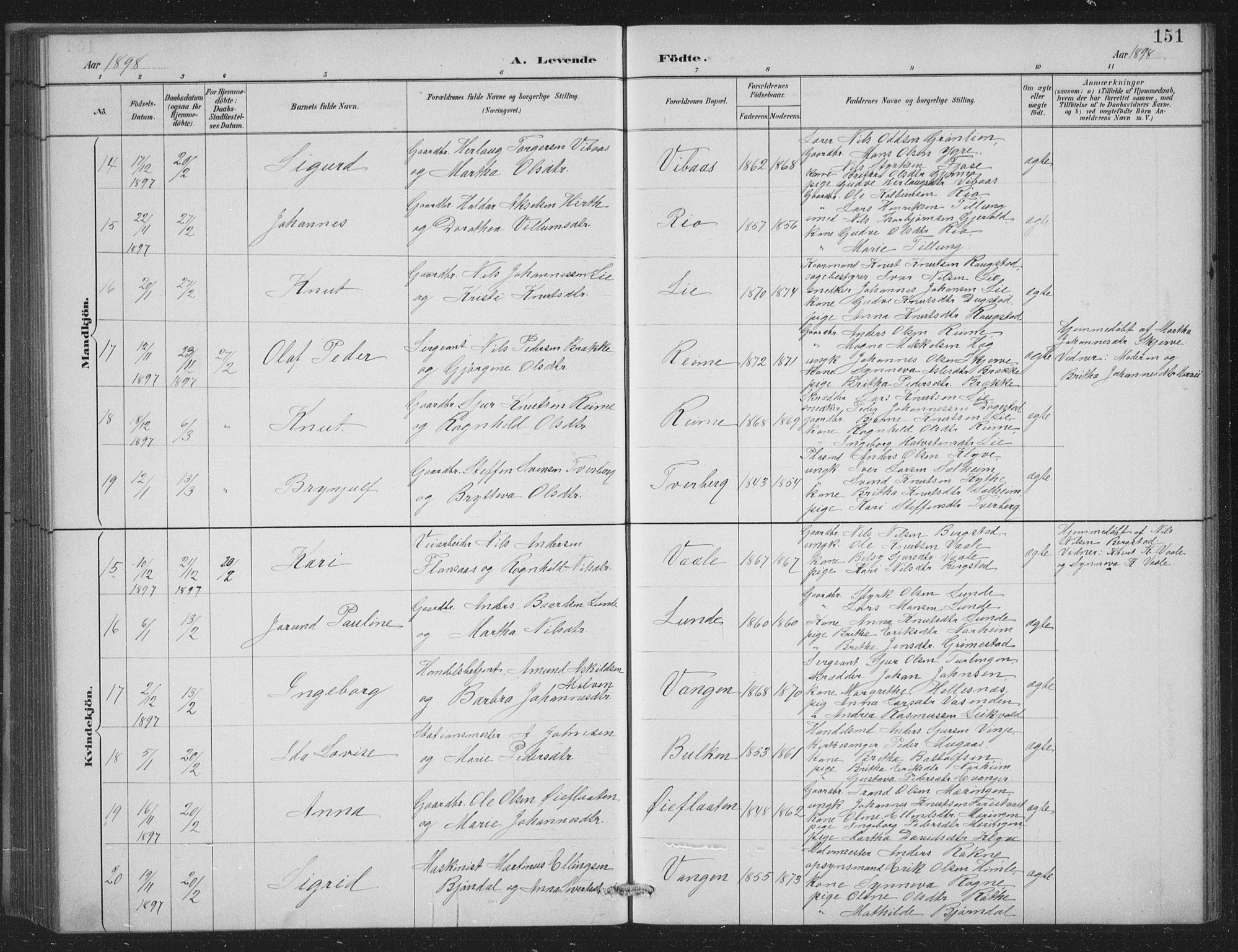 Voss sokneprestembete, SAB/A-79001/H/Hab: Parish register (copy) no. C 1, 1886-1899, p. 151
