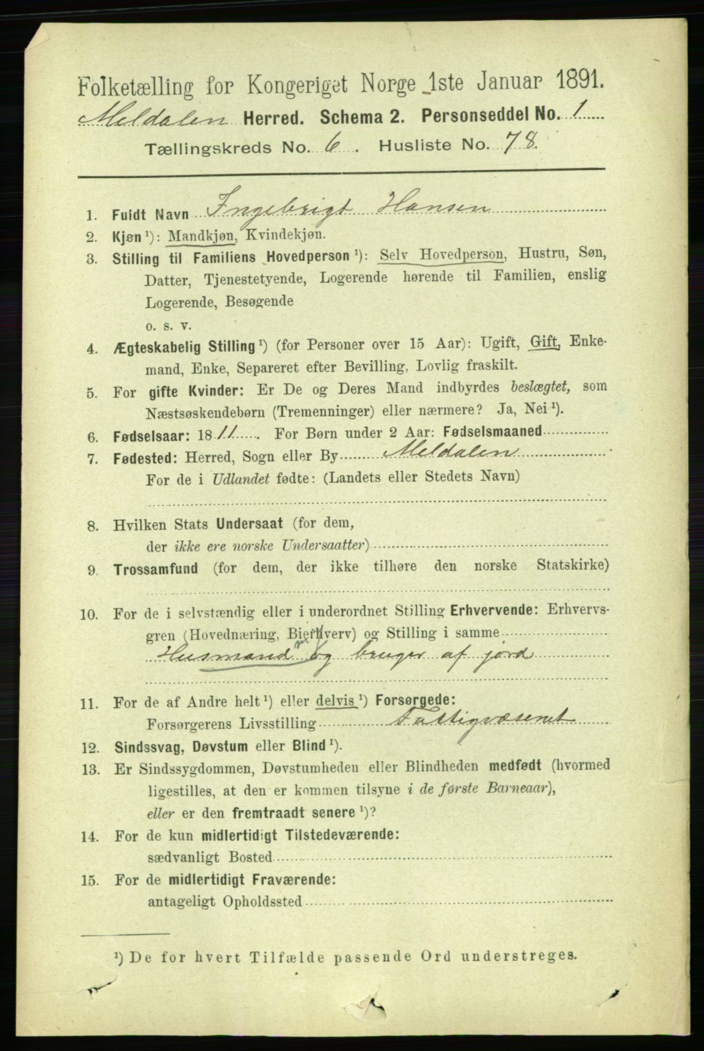 RA, 1891 census for 1636 Meldal, 1891, p. 3327