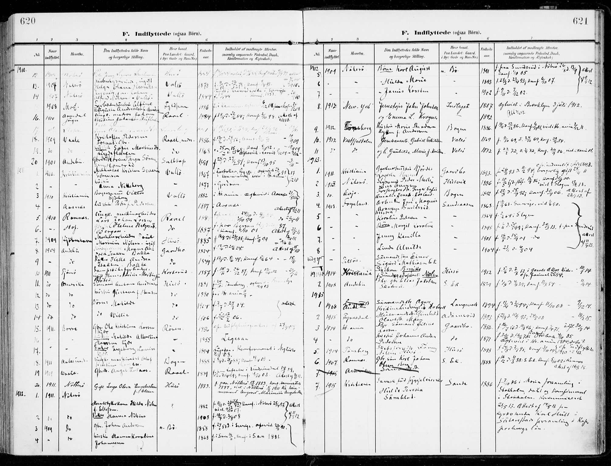 Sem kirkebøker, SAKO/A-5/F/Fb/L0006: Parish register (official) no. II 6, 1905-1918, p. 620-621