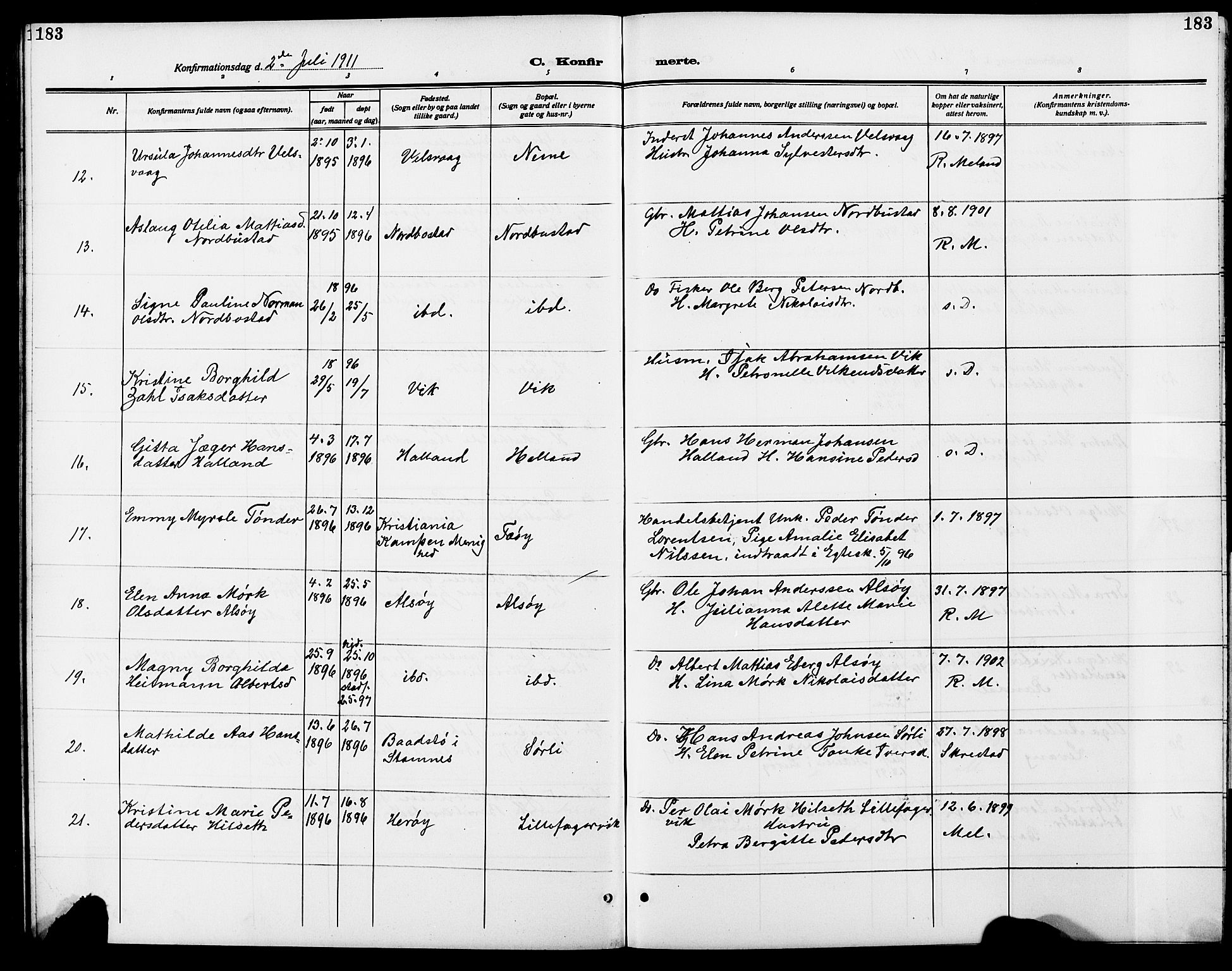 Ministerialprotokoller, klokkerbøker og fødselsregistre - Nordland, AV/SAT-A-1459/838/L0560: Parish register (copy) no. 838C07, 1910-1928, p. 183