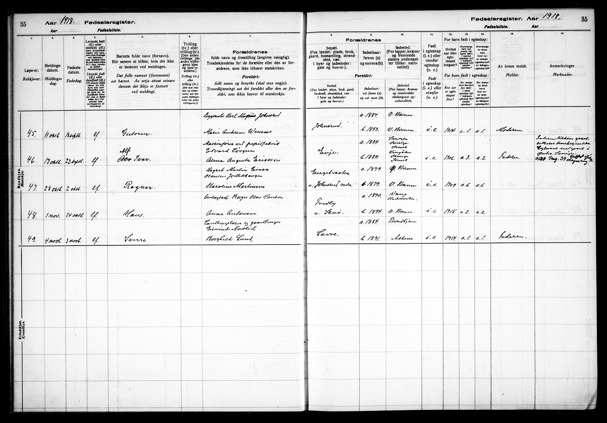 Vestre Bærum prestekontor Kirkebøker, AV/SAO-A-10209a/J/L0001: Birth register no. 1, 1916-1926, p. 35