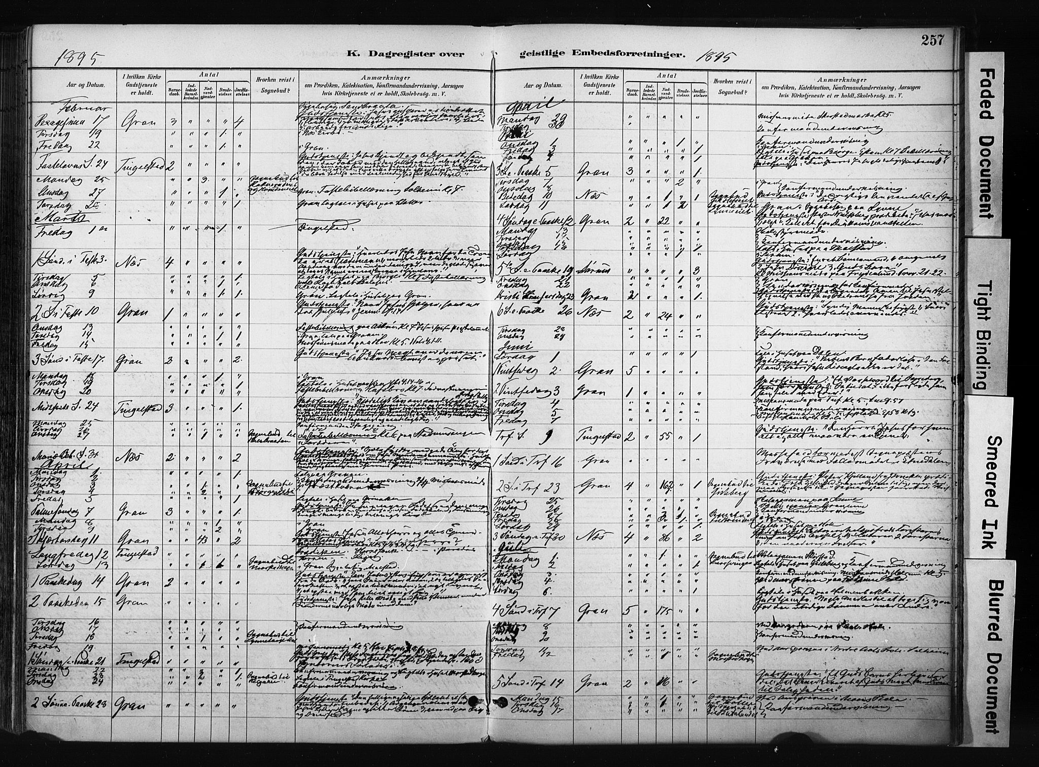 Gran prestekontor, SAH/PREST-112/H/Ha/Haa/L0017: Parish register (official) no. 17, 1889-1897, p. 257