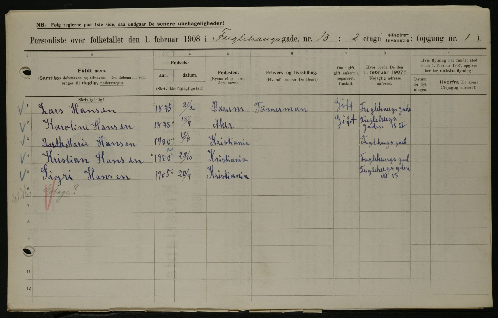 OBA, Municipal Census 1908 for Kristiania, 1908, p. 25696