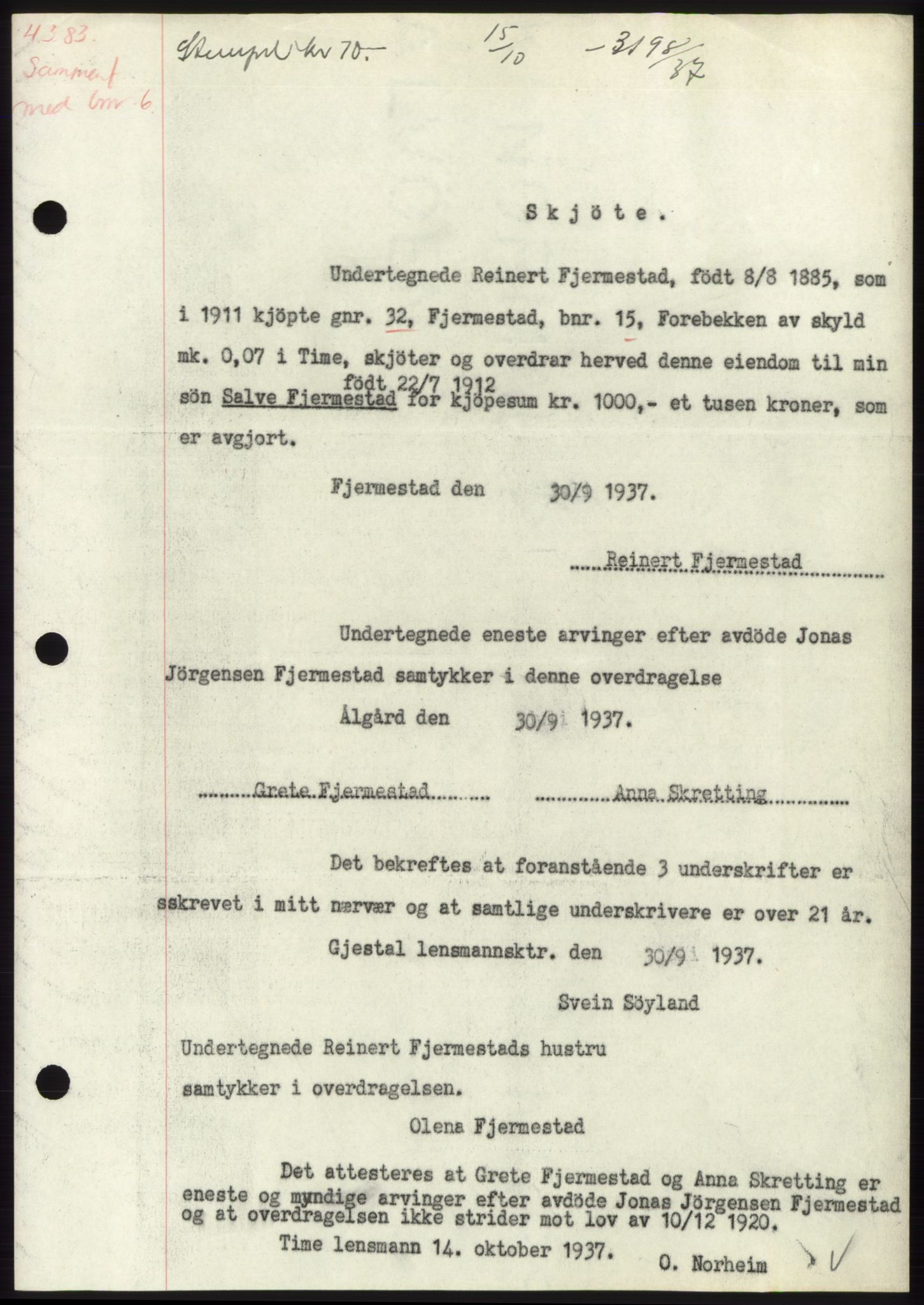 Jæren sorenskriveri, SAST/A-100310/03/G/Gba/L0069: Mortgage book, 1937-1937, Diary no: : 3198/1937