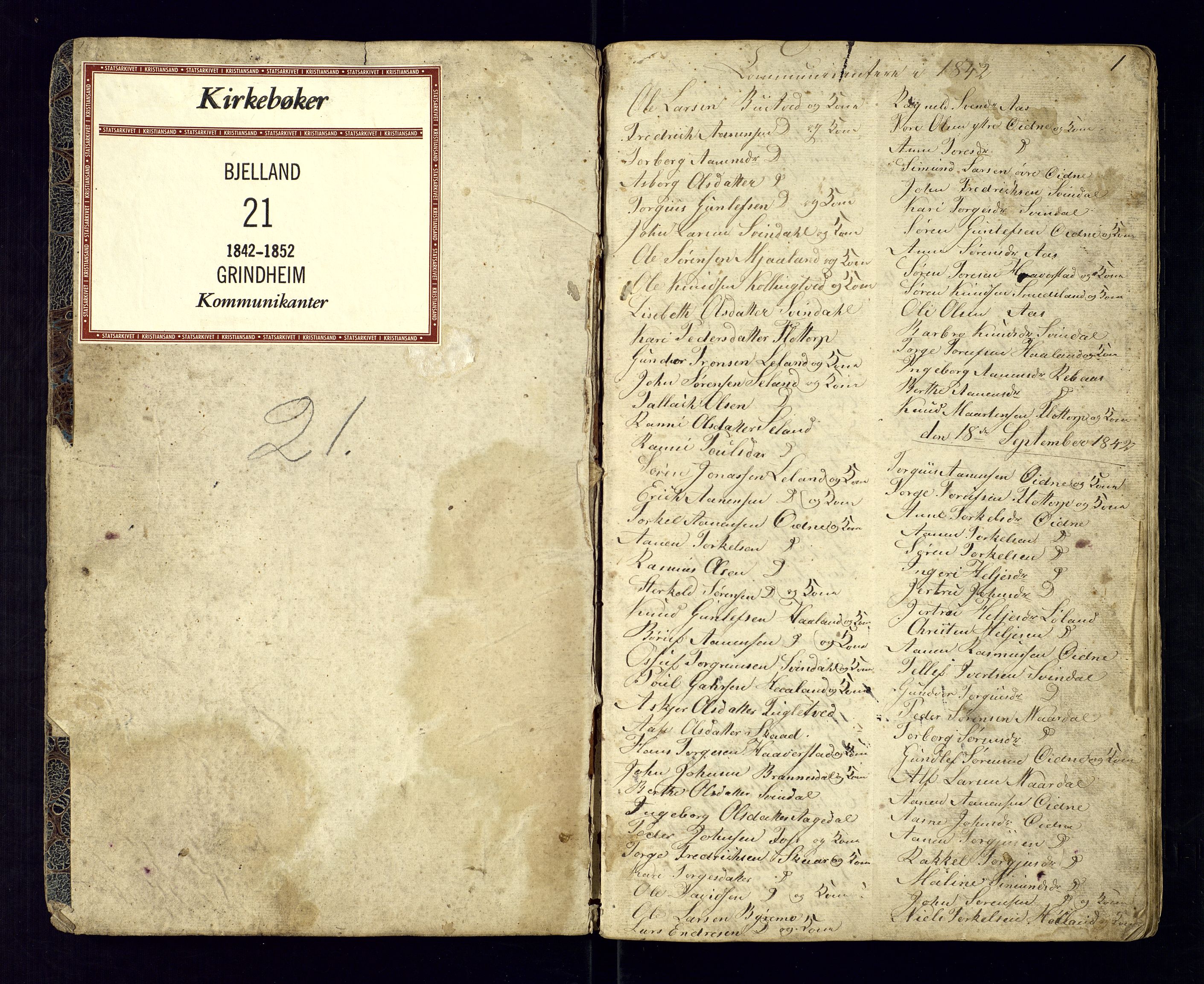 Bjelland sokneprestkontor, SAK/1111-0005/F/Fc/Fcc/L0002: Communicants register no. C-2, 1842-1852, p. 1