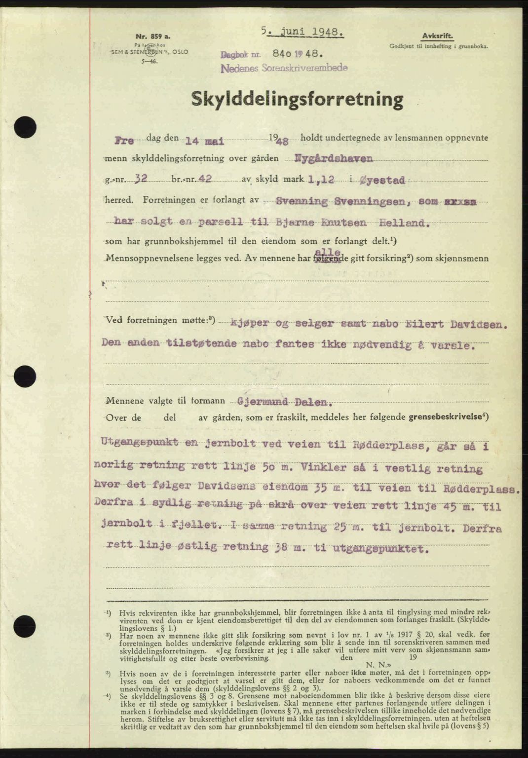 Nedenes sorenskriveri, AV/SAK-1221-0006/G/Gb/Gba/L0059: Mortgage book no. A11, 1948-1948, Diary no: : 840/1948