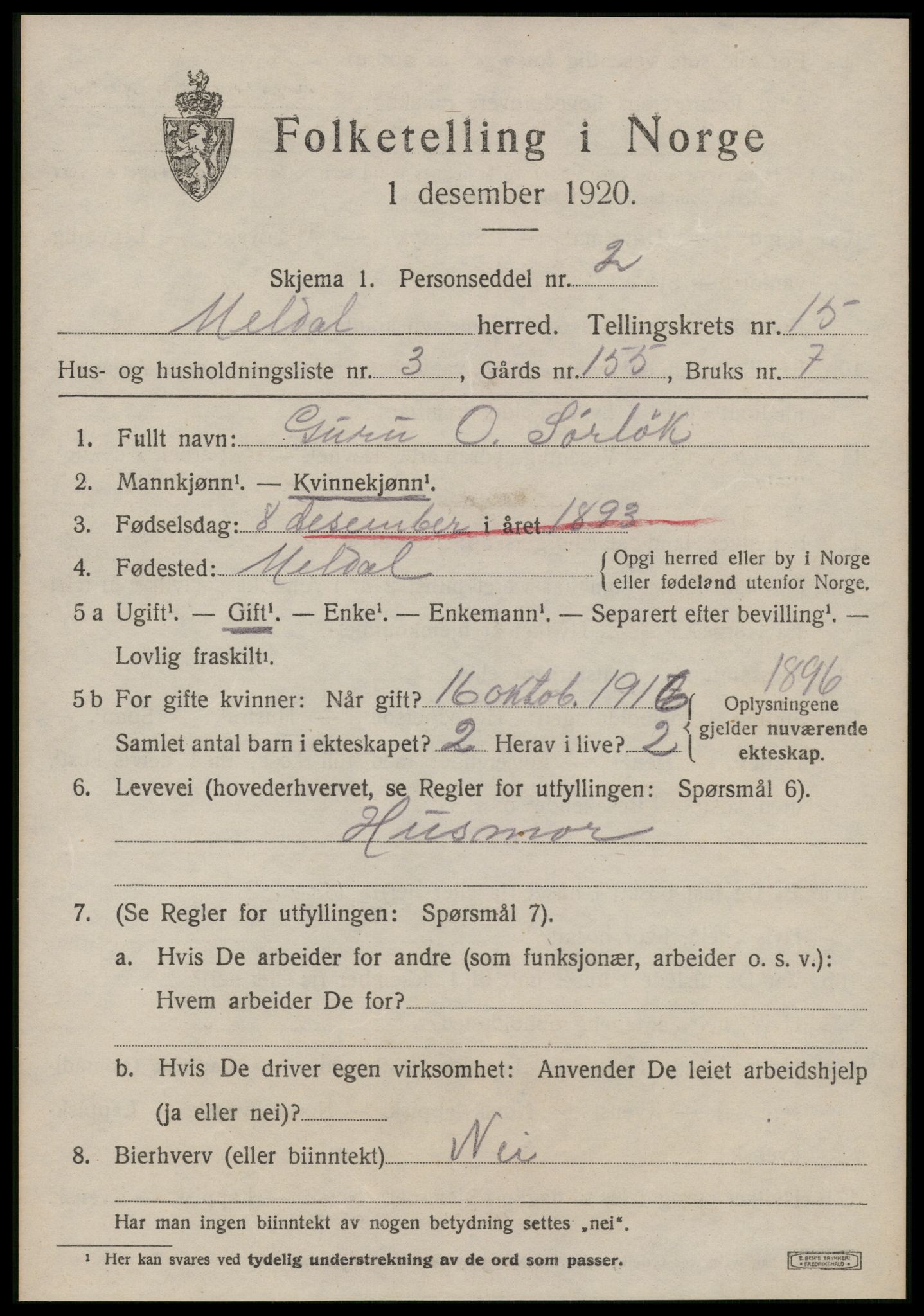 SAT, 1920 census for Meldal, 1920, p. 10487