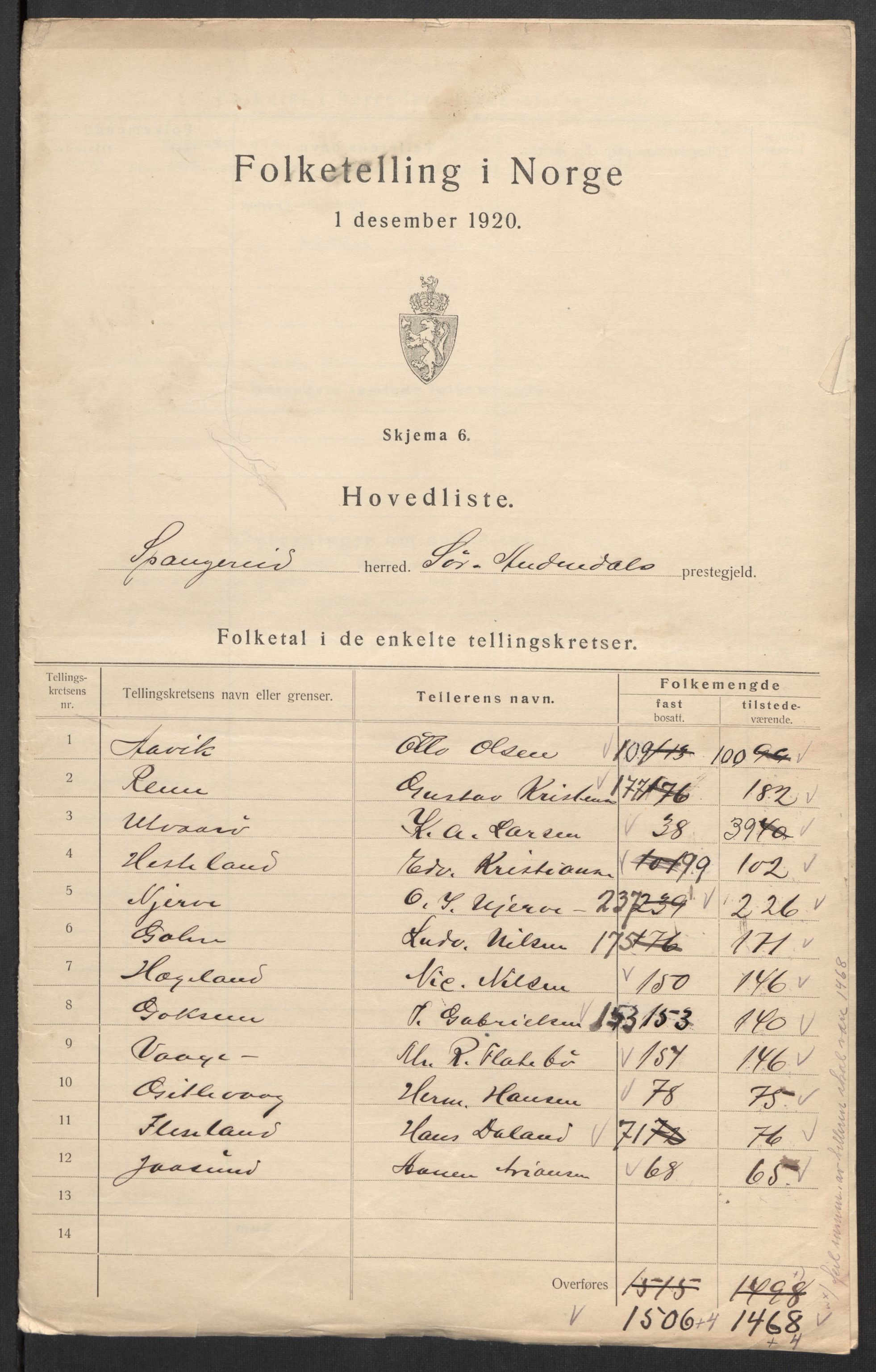 SAK, 1920 census for Spangereid, 1920, p. 10