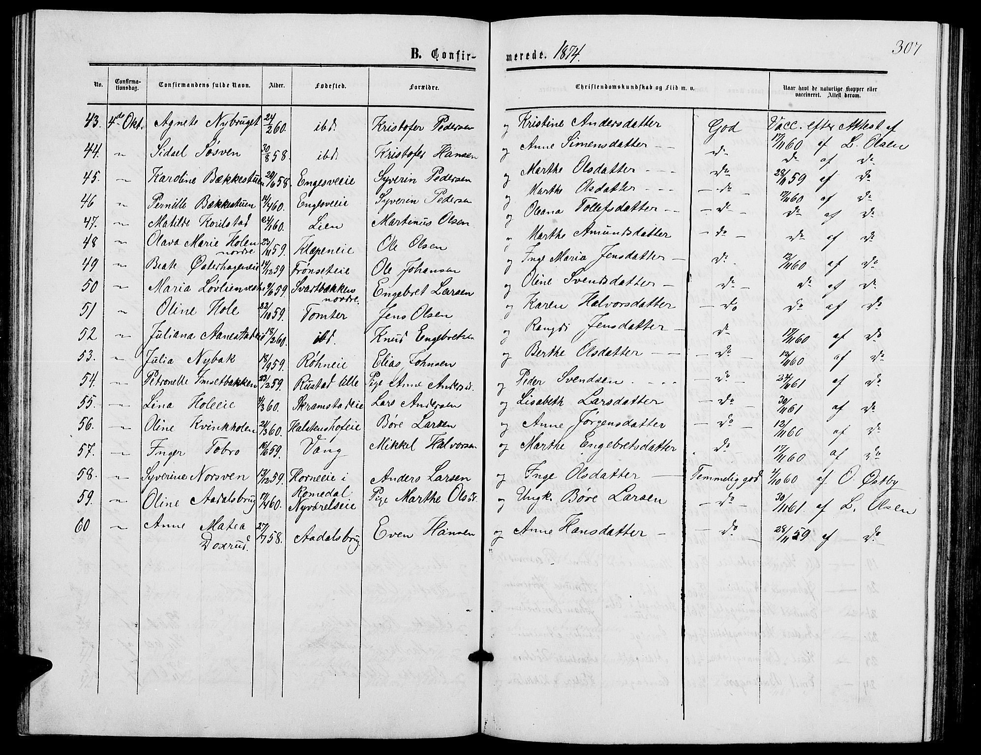 Løten prestekontor, SAH/PREST-022/L/La/L0004: Parish register (copy) no. 4, 1863-1877, p. 307