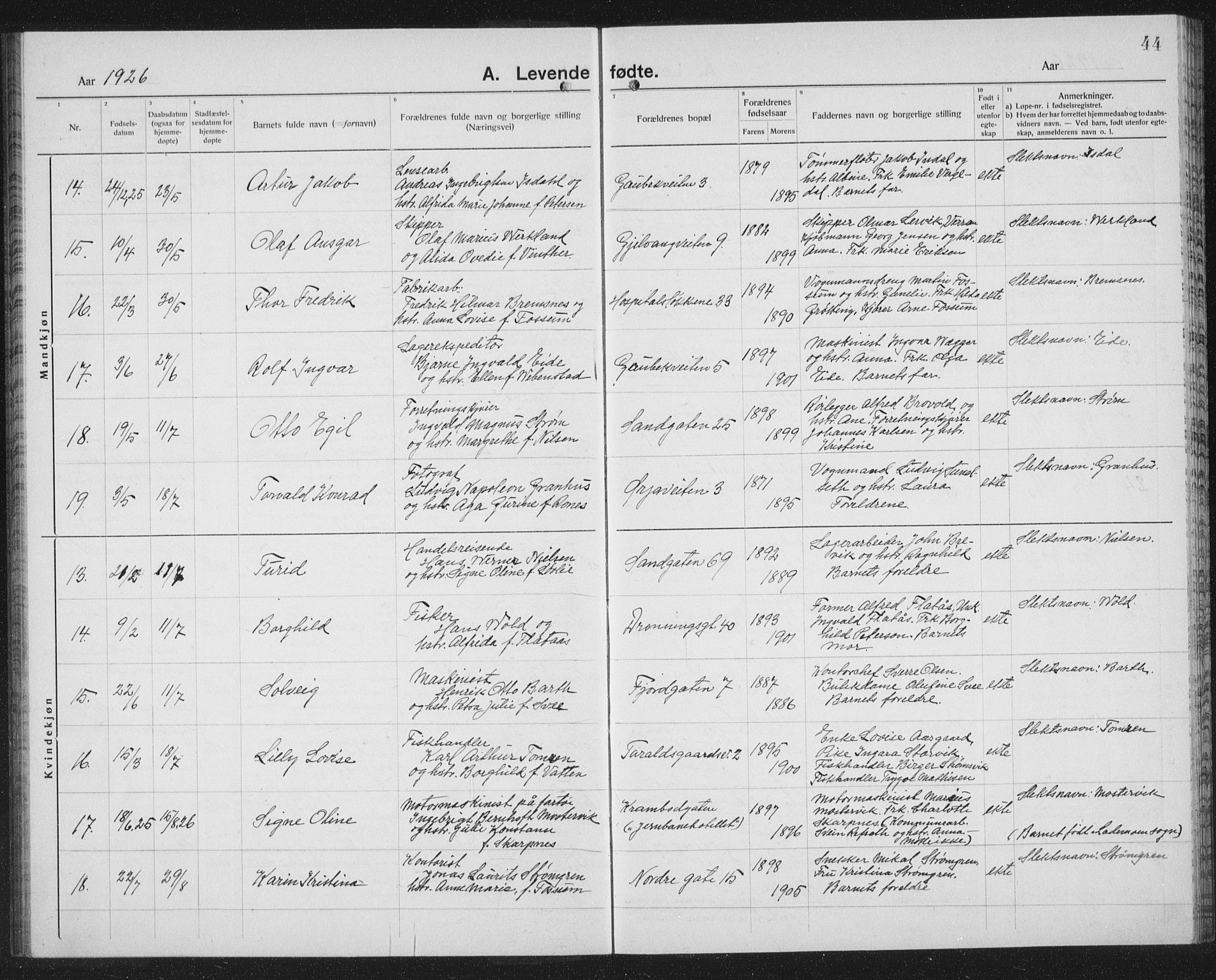 Ministerialprotokoller, klokkerbøker og fødselsregistre - Sør-Trøndelag, AV/SAT-A-1456/602/L0148: Parish register (copy) no. 602C16, 1919-1939, p. 44