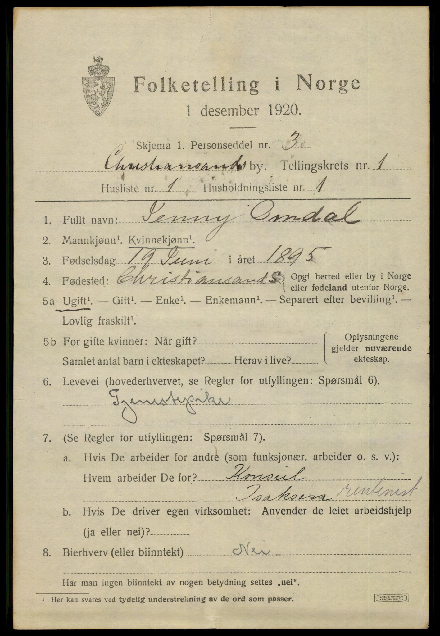 SAK, 1920 census for Kristiansand, 1920, p. 11121