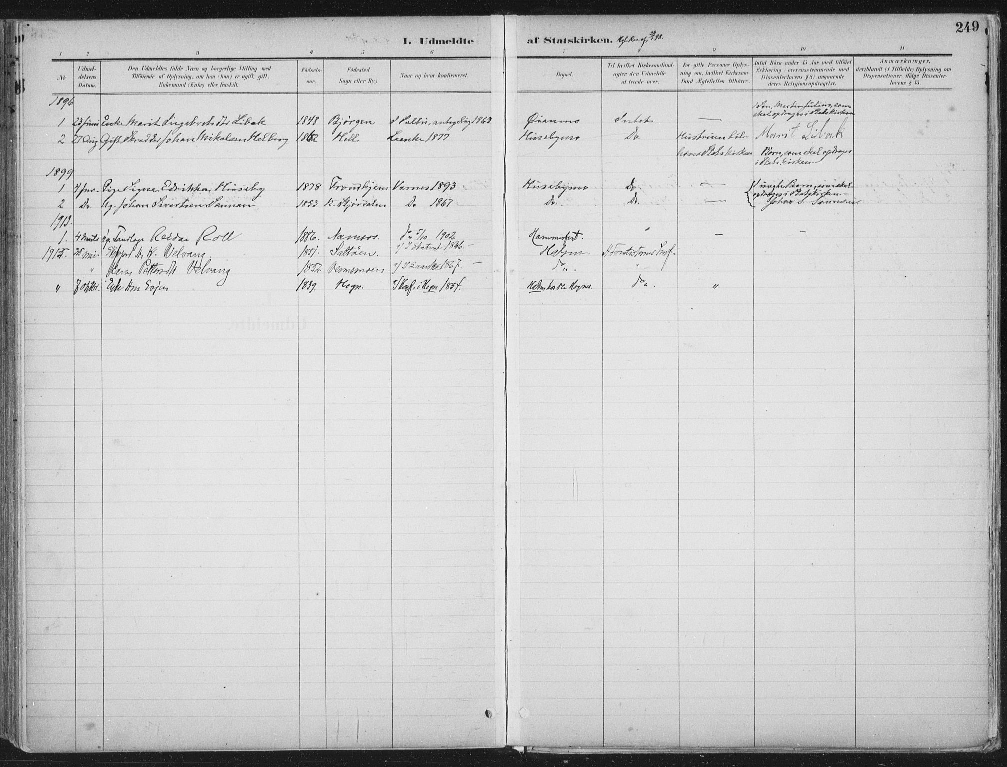 Ministerialprotokoller, klokkerbøker og fødselsregistre - Nord-Trøndelag, SAT/A-1458/709/L0082: Parish register (official) no. 709A22, 1896-1916, p. 249