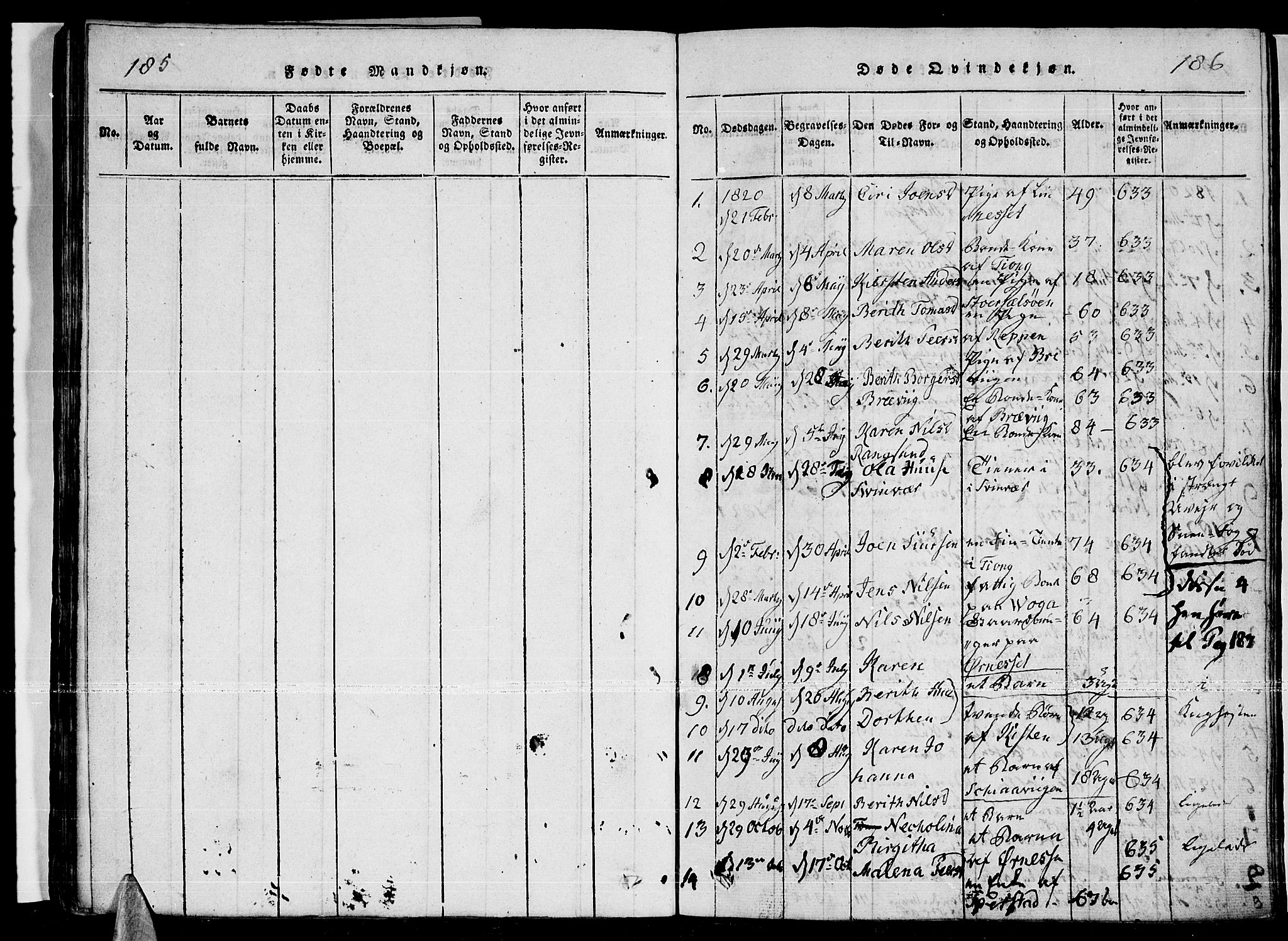 Ministerialprotokoller, klokkerbøker og fødselsregistre - Nordland, SAT/A-1459/841/L0593: Parish register (official) no. 841A04 /1, 1820-1825, p. 185-186