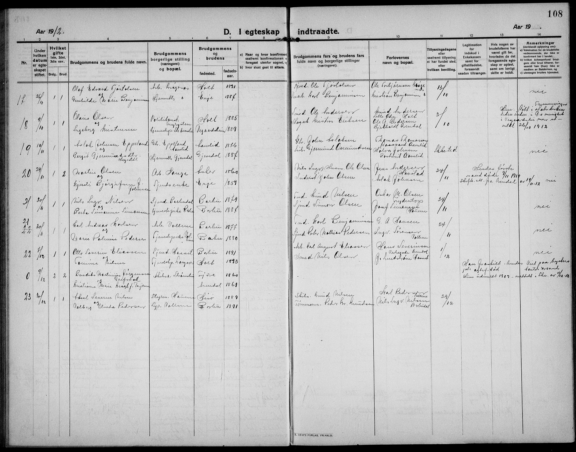 Barbu sokneprestkontor, AV/SAK-1111-0003/F/Fb/L0004: Parish register (copy) no. B 4, 1911-1936, p. 108