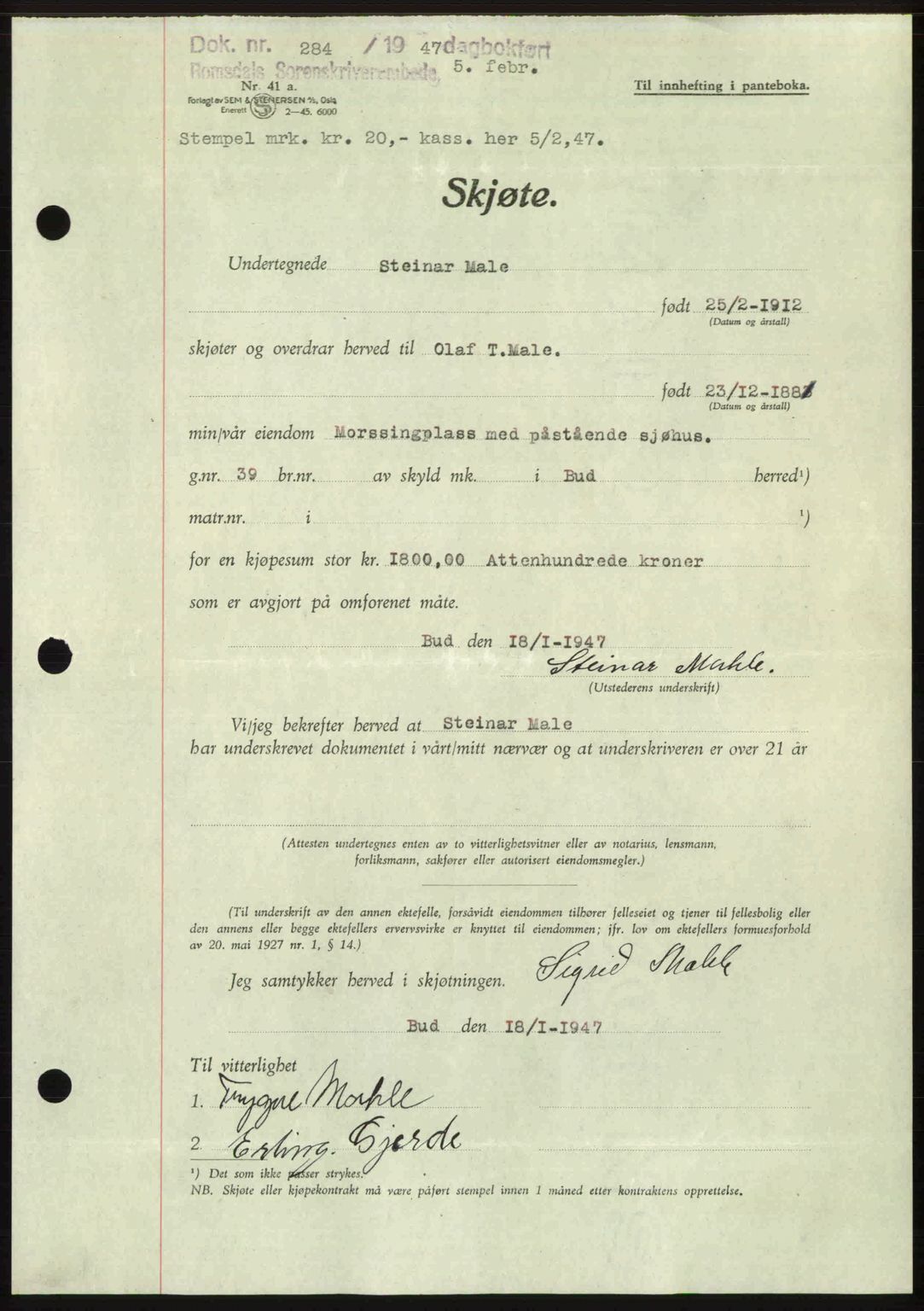 Romsdal sorenskriveri, AV/SAT-A-4149/1/2/2C: Mortgage book no. A22, 1947-1947, Diary no: : 284/1947