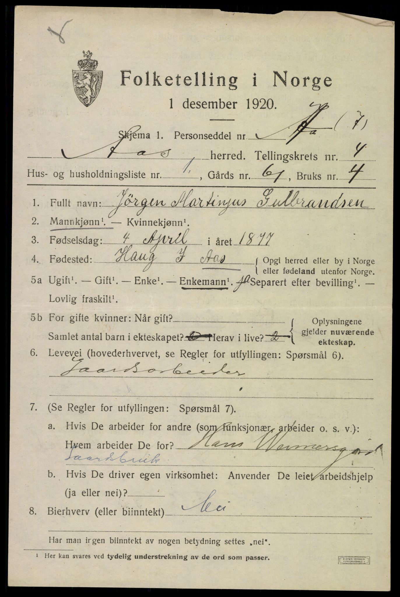 SAO, 1920 census for Ås, 1920, p. 4738