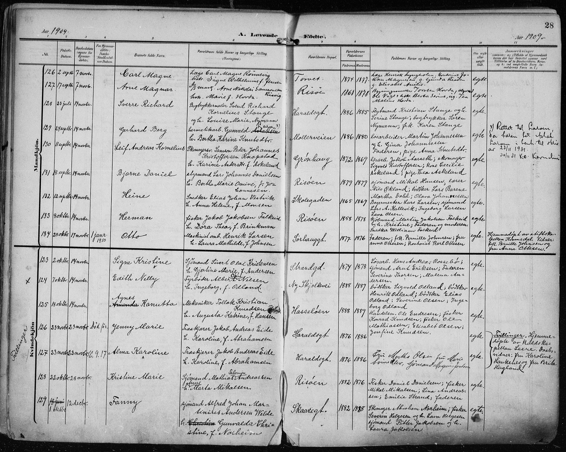 Haugesund sokneprestkontor, AV/SAST-A -101863/H/Ha/Haa/L0008: Parish register (official) no. A 8, 1908-1921, p. 28