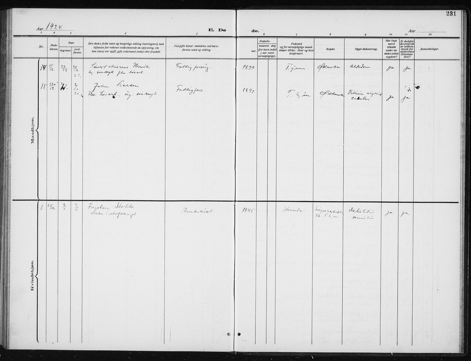 Ministerialprotokoller, klokkerbøker og fødselsregistre - Sør-Trøndelag, SAT/A-1456/606/L0314: Parish register (copy) no. 606C10, 1911-1937, p. 231