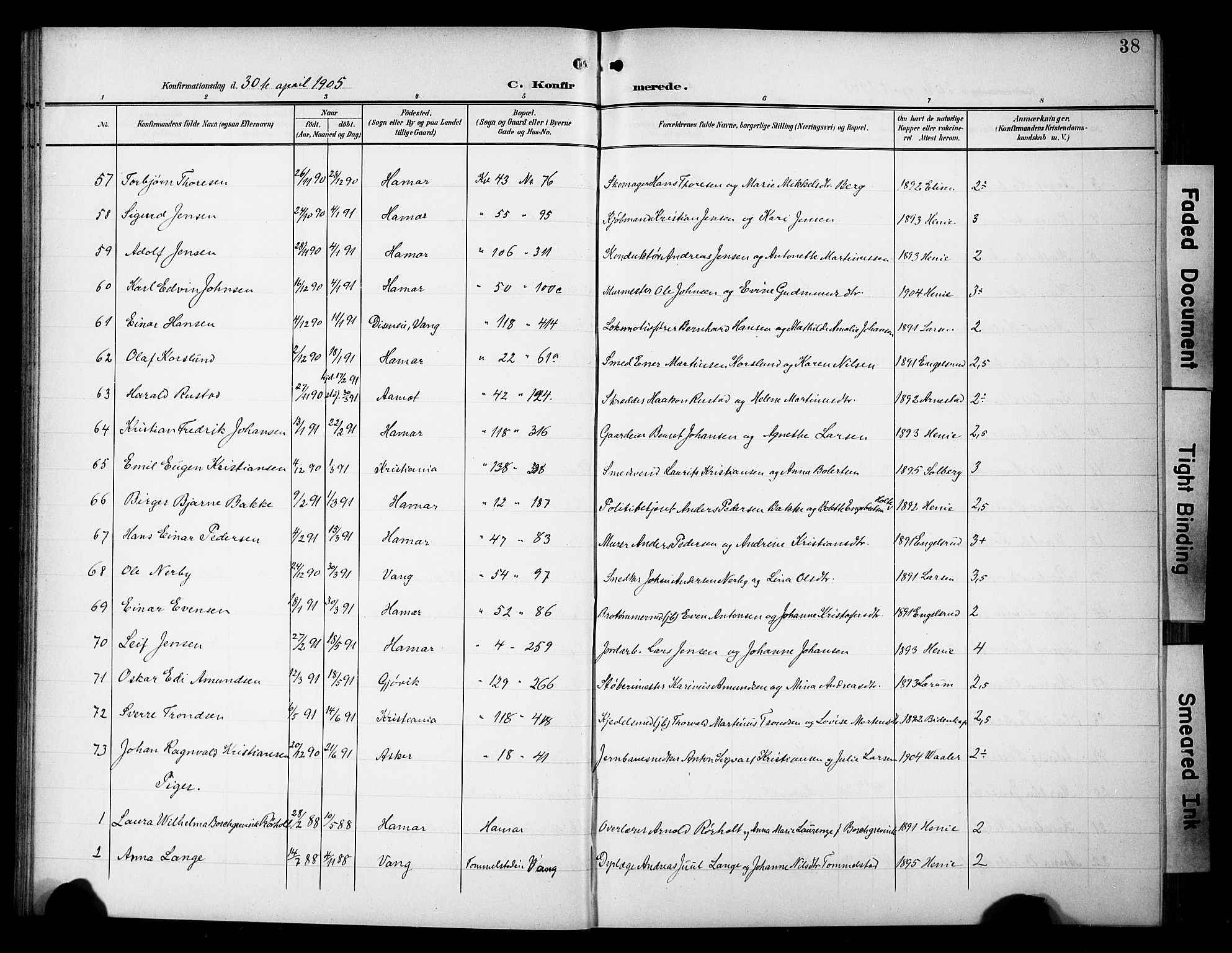 Hamar prestekontor, AV/SAH-DOMPH-002/H/Ha/Hab/L0002: Parish register (copy) no. 2, 1899-1929, p. 38