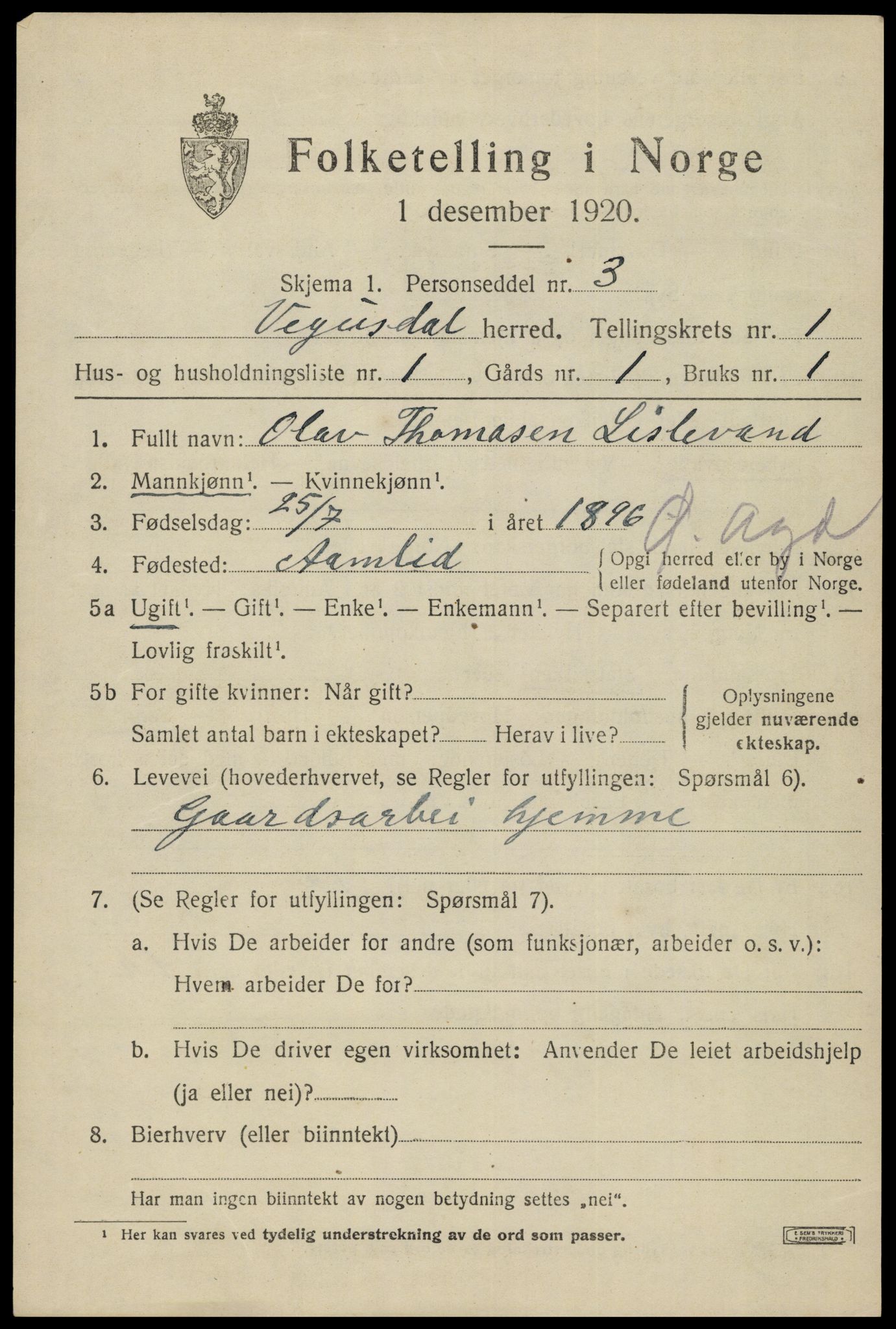 SAK, 1920 census for Vegusdal, 1920, p. 371