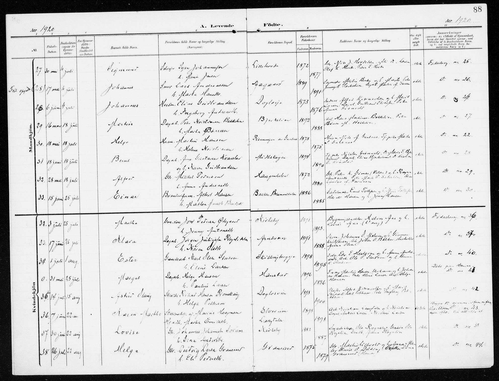 Furnes prestekontor, SAH/PREST-012/K/Ka/L0001: Parish register (official) no. 1, 1907-1935, p. 88