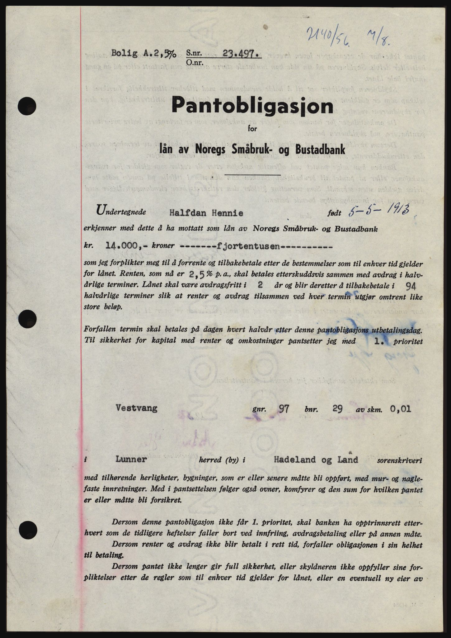 Hadeland og Land tingrett, SAH/TING-010/H/Hb/Hbc/L0034: Mortgage book no. B34, 1956-1956, Diary no: : 2140/1956