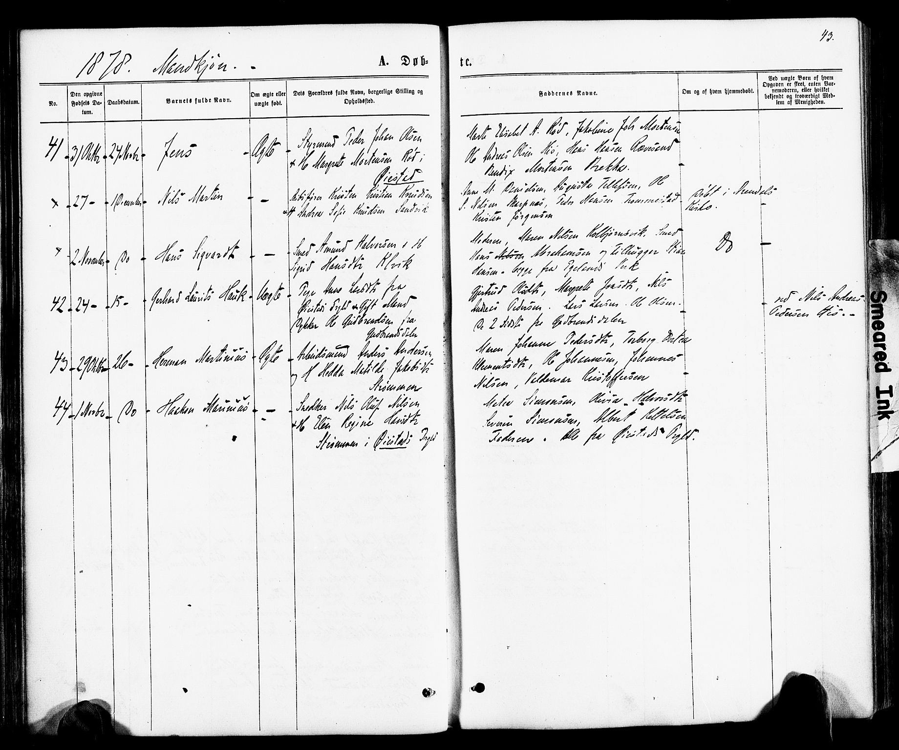 Hisøy sokneprestkontor, AV/SAK-1111-0020/F/Fa/L0002: Parish register (official) no. A 2, 1872-1880, p. 43