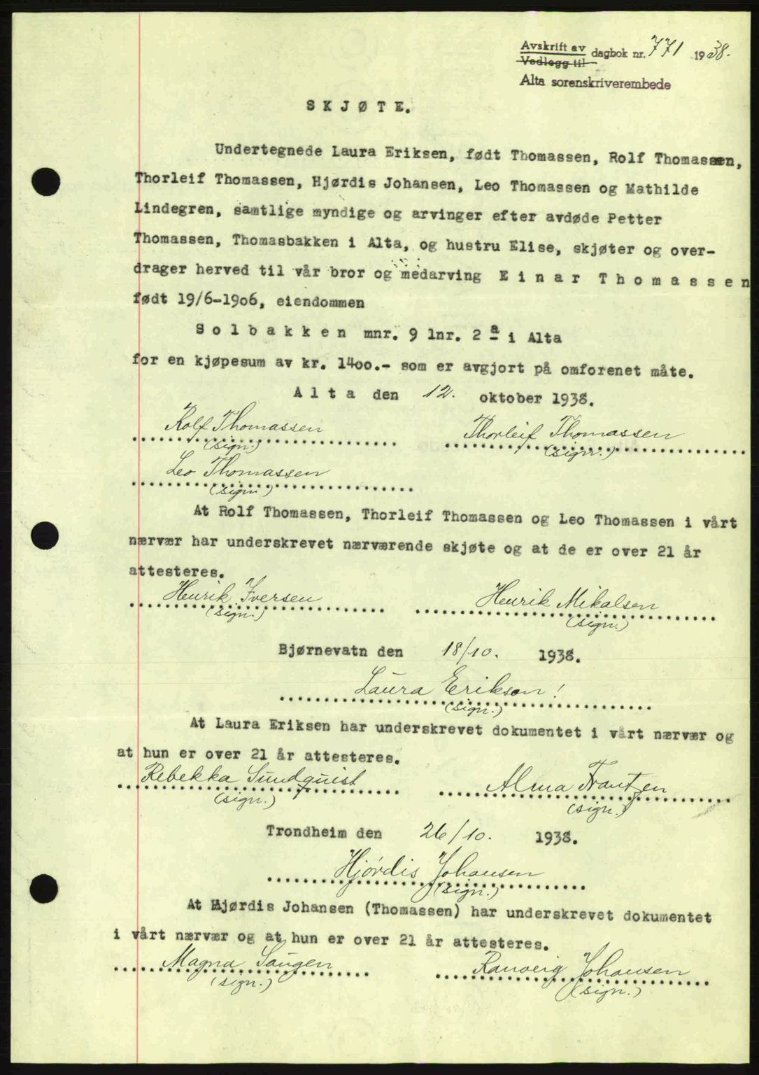 Alta fogderi/sorenskriveri, SATØ/SATØ-5/1/K/Kd/L0031pantebok: Mortgage book no. 31, 1938-1939, Diary no: : 771/1938