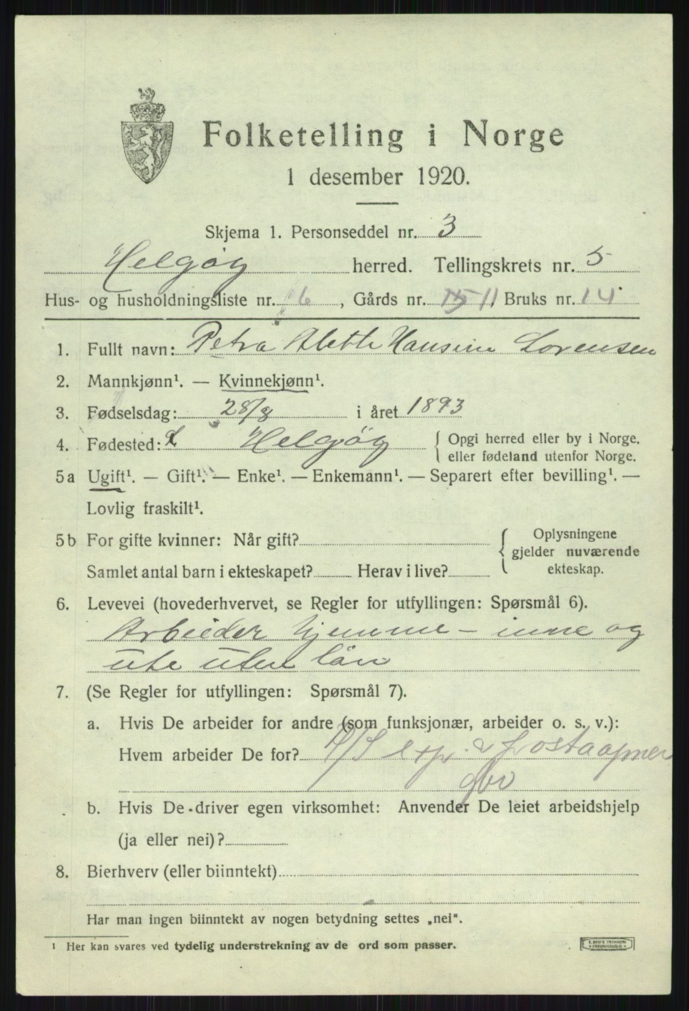 SATØ, 1920 census for Helgøy, 1920, p. 2005