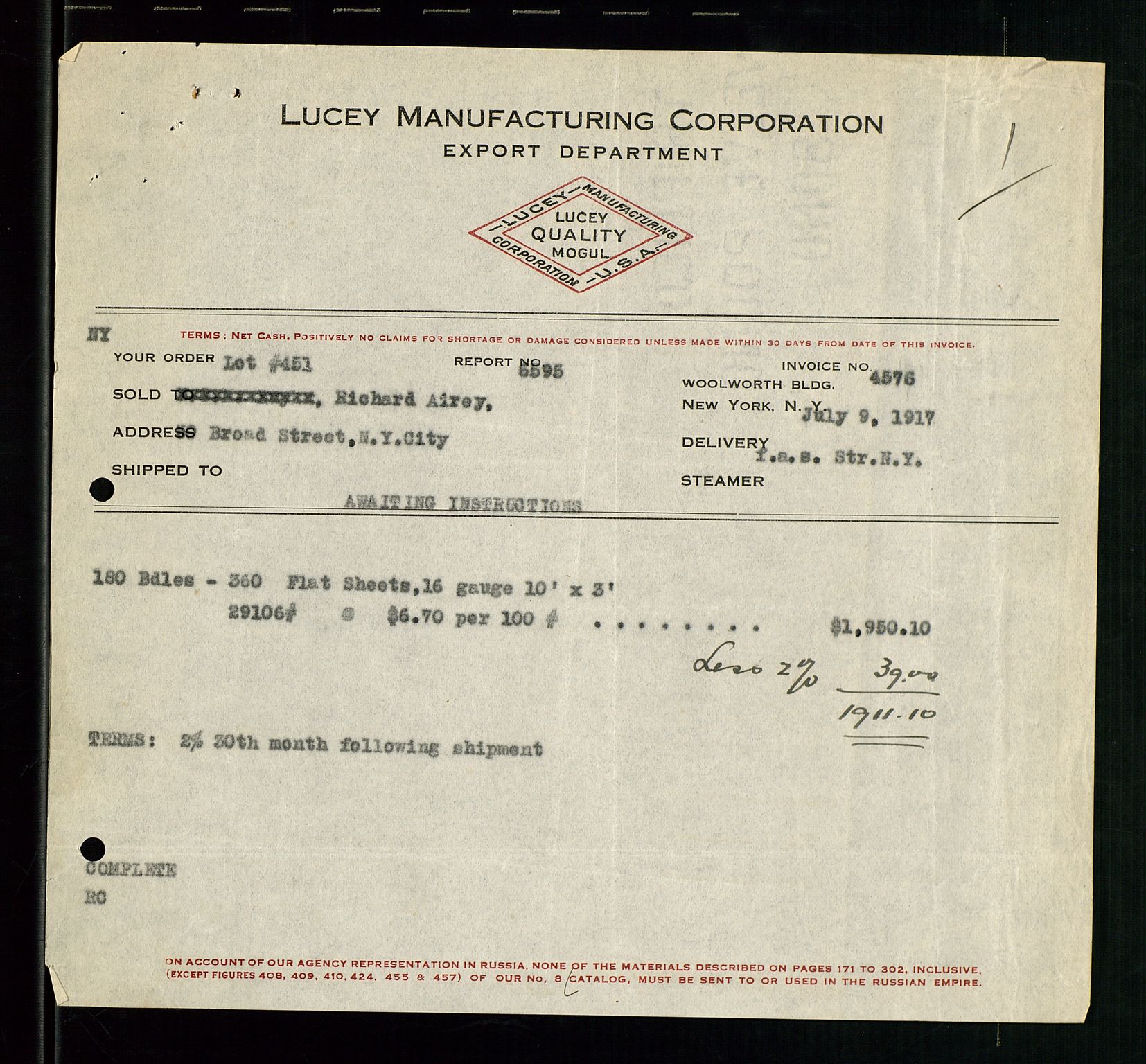 Pa 1521 - A/S Norske Shell, AV/SAST-A-101915/E/Ea/Eaa/L0001: Sjefskorrespondanse, 1917, p. 19