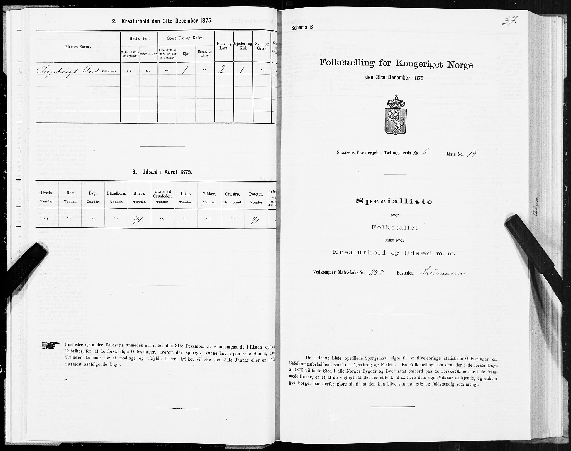 SAT, 1875 census for 1736P Snåsa, 1875, p. 3037