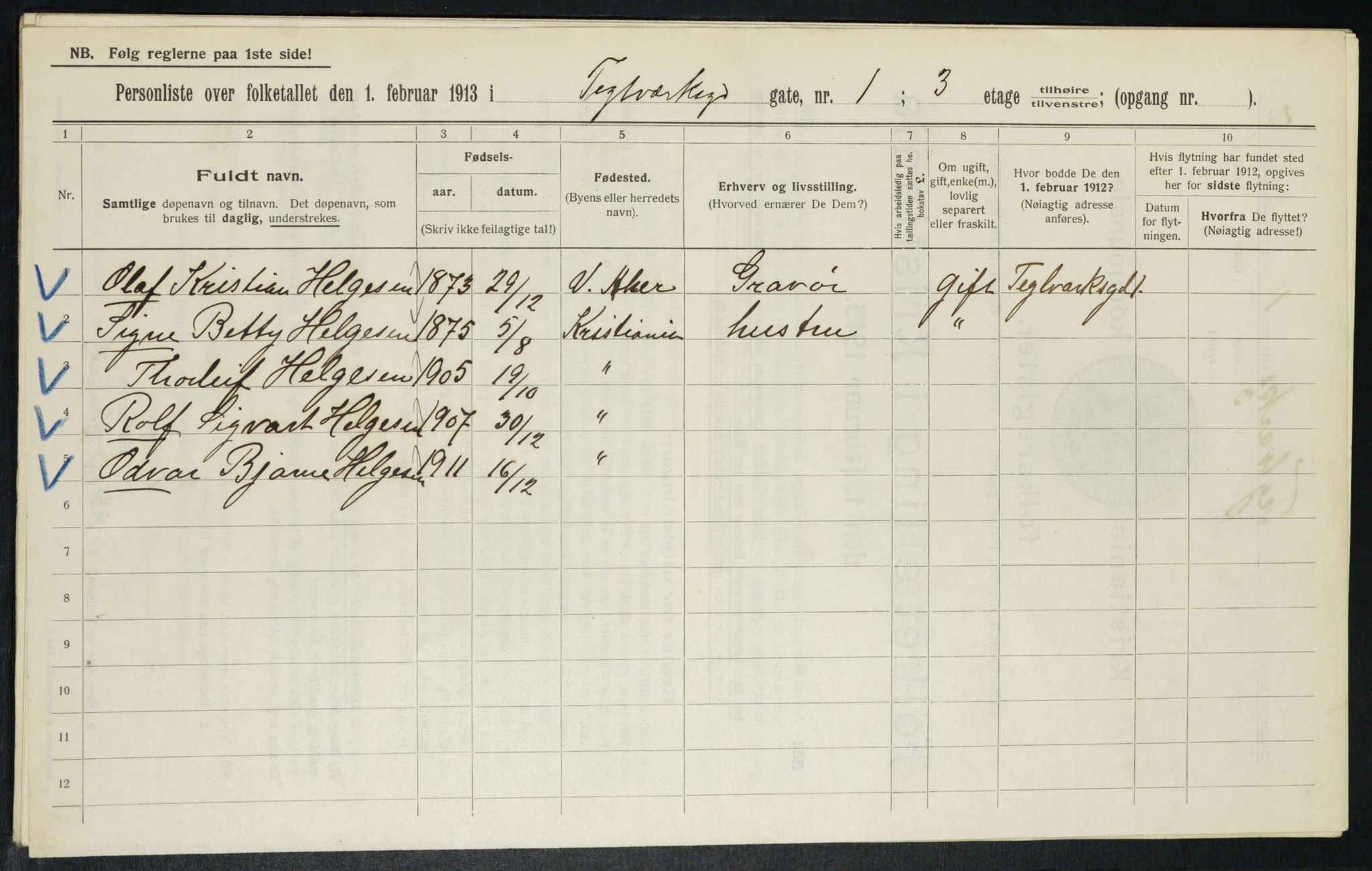 OBA, Municipal Census 1913 for Kristiania, 1913, p. 107405