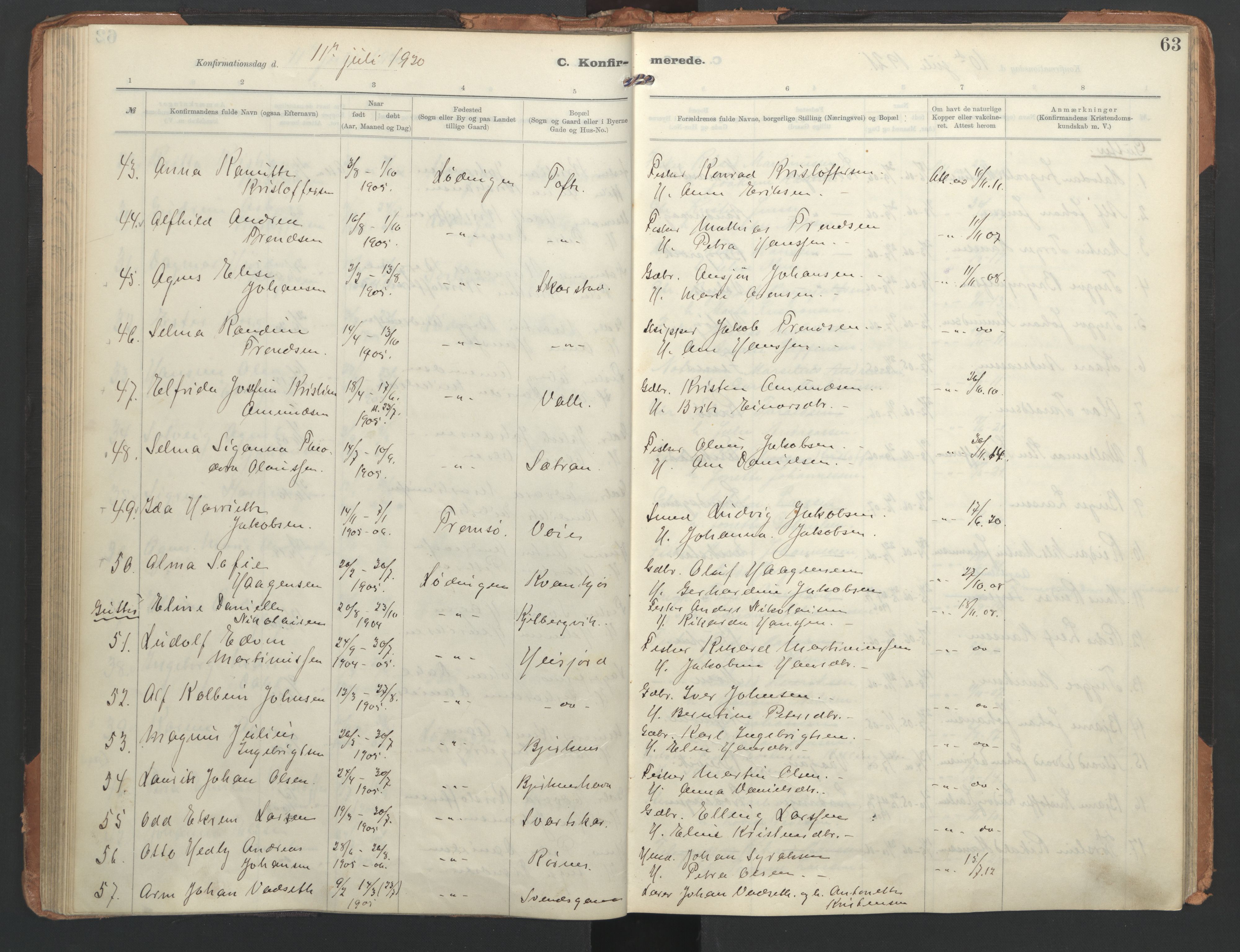 Ministerialprotokoller, klokkerbøker og fødselsregistre - Nordland, AV/SAT-A-1459/872/L1042: Parish register (official) no. 872A17, 1910-1937, p. 63