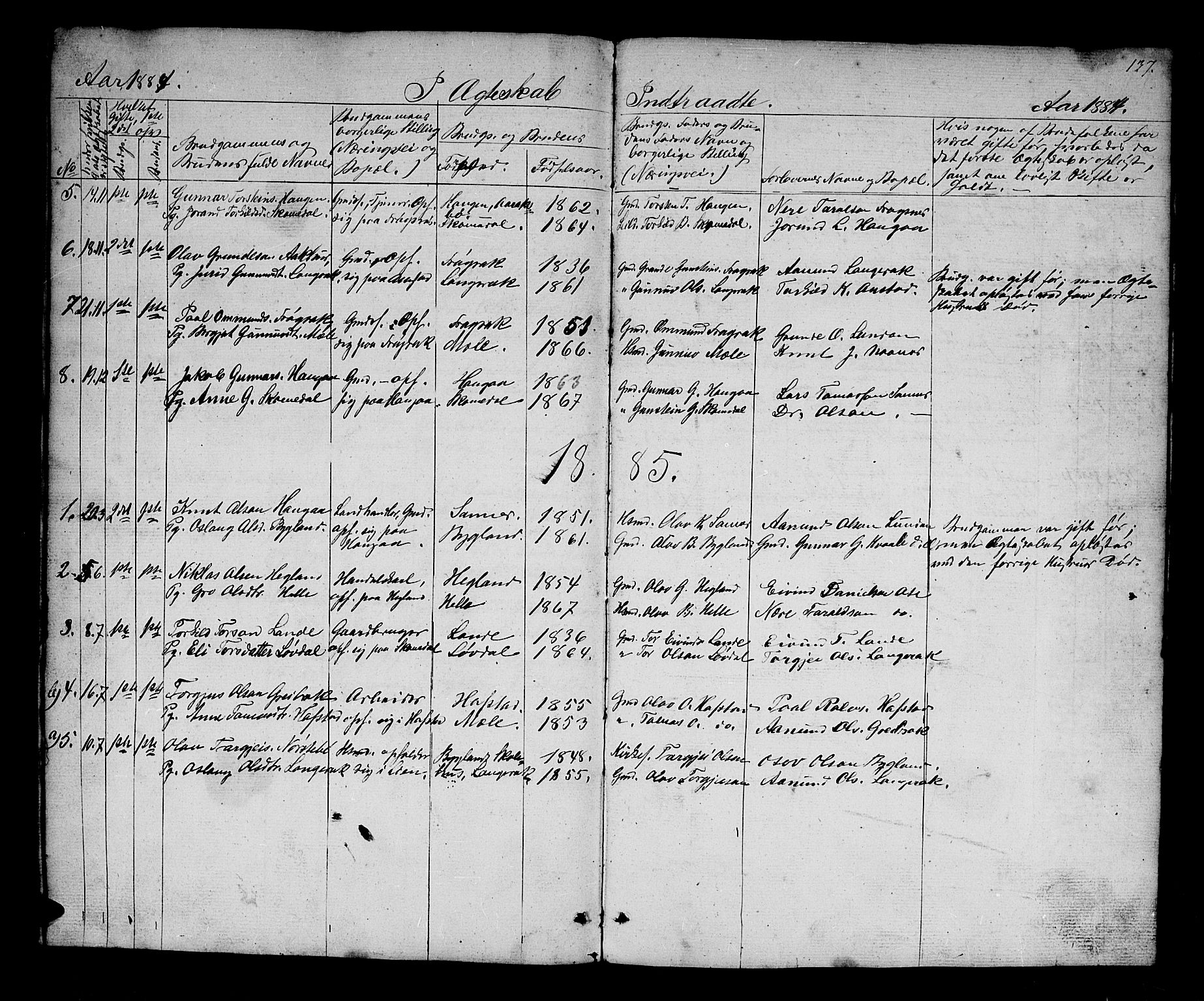 Bygland sokneprestkontor, AV/SAK-1111-0006/F/Fb/Fbb/L0002: Parish register (copy) no. B 2, 1848-1886, p. 137