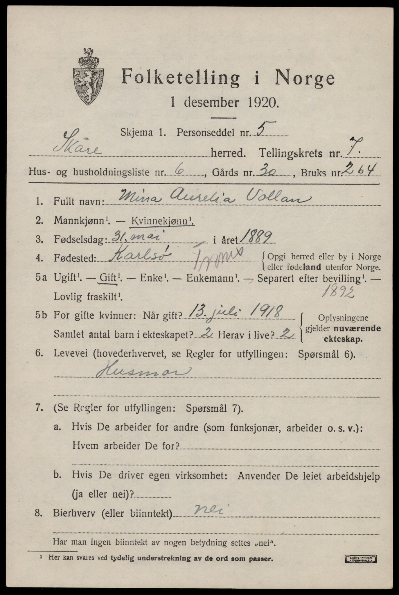 SAST, 1920 census for Skåre, 1920, p. 4810