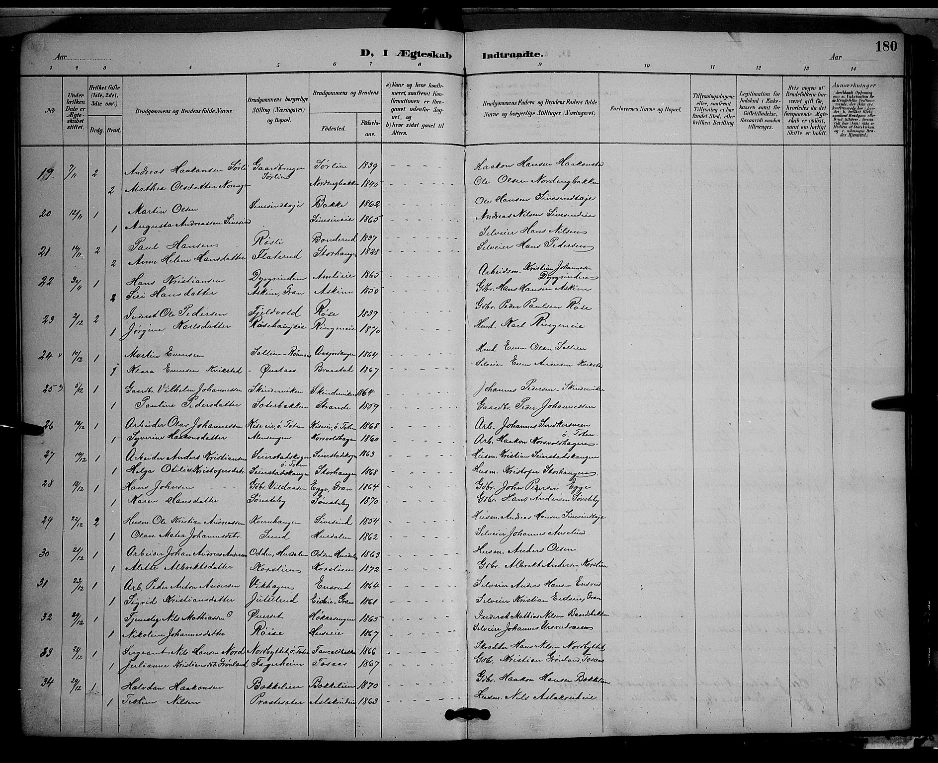 Vestre Toten prestekontor, SAH/PREST-108/H/Ha/Hab/L0009: Parish register (copy) no. 9, 1888-1900, p. 180