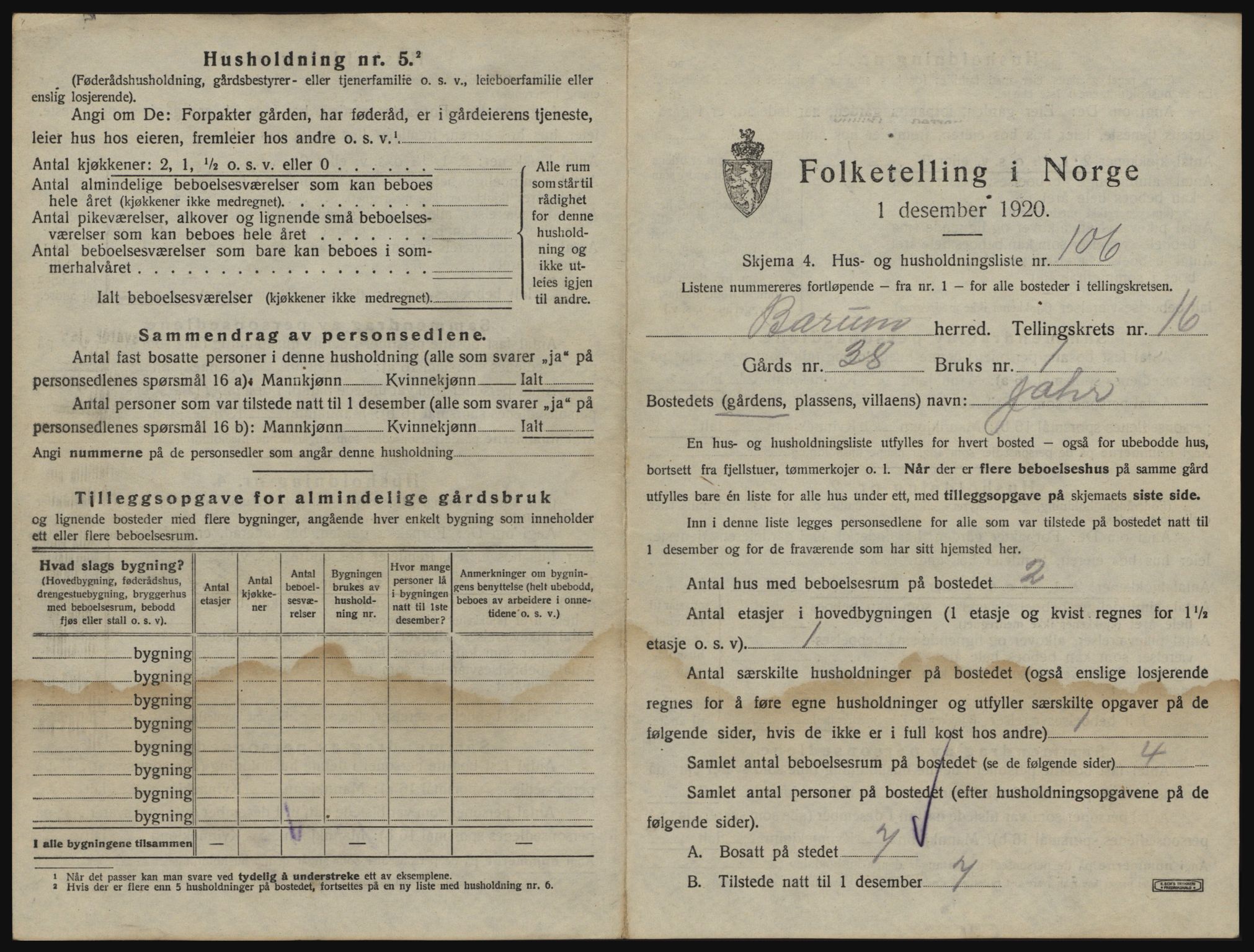 SAO, 1920 census for Bærum, 1920, p. 5084